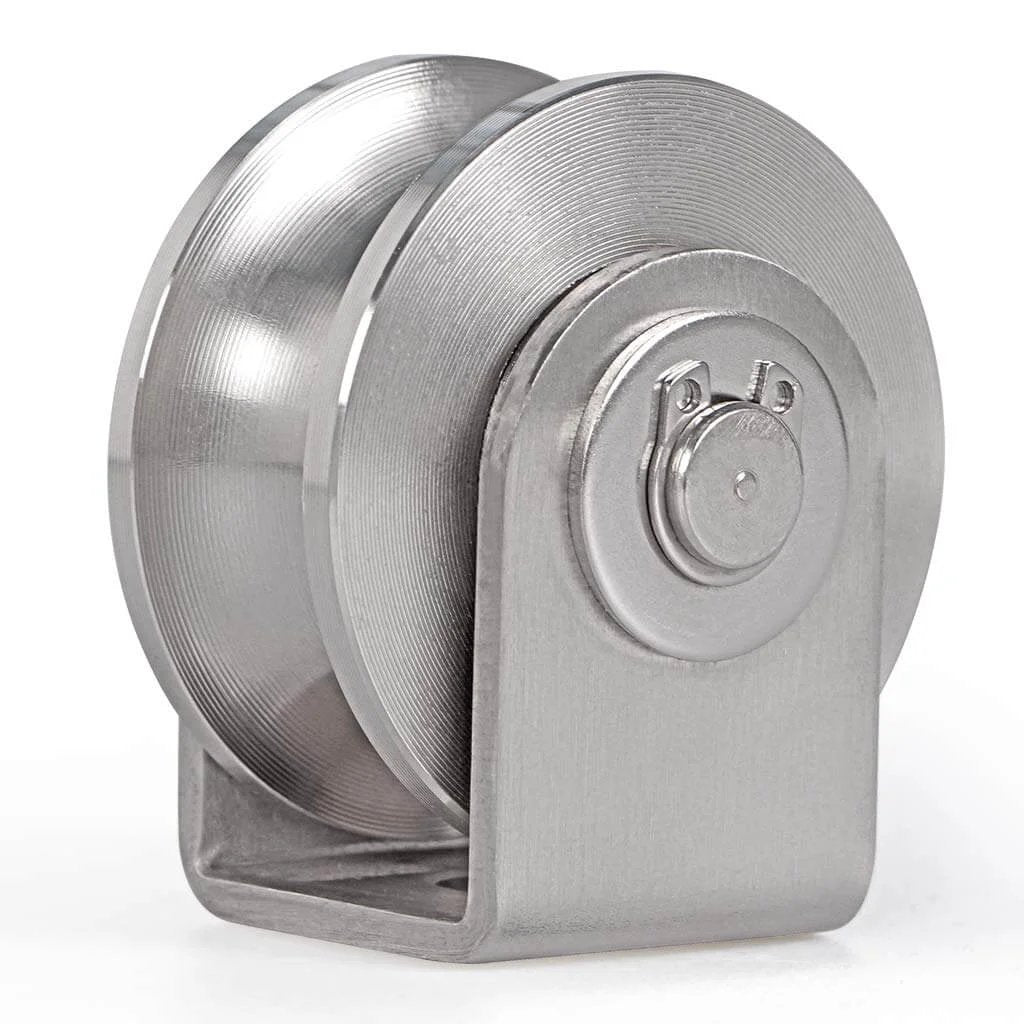 U Groove Pulley Block 2", 304 Stainless Steel Pulley Roller with Duplex Bearing, close-up view showing single wheel design.