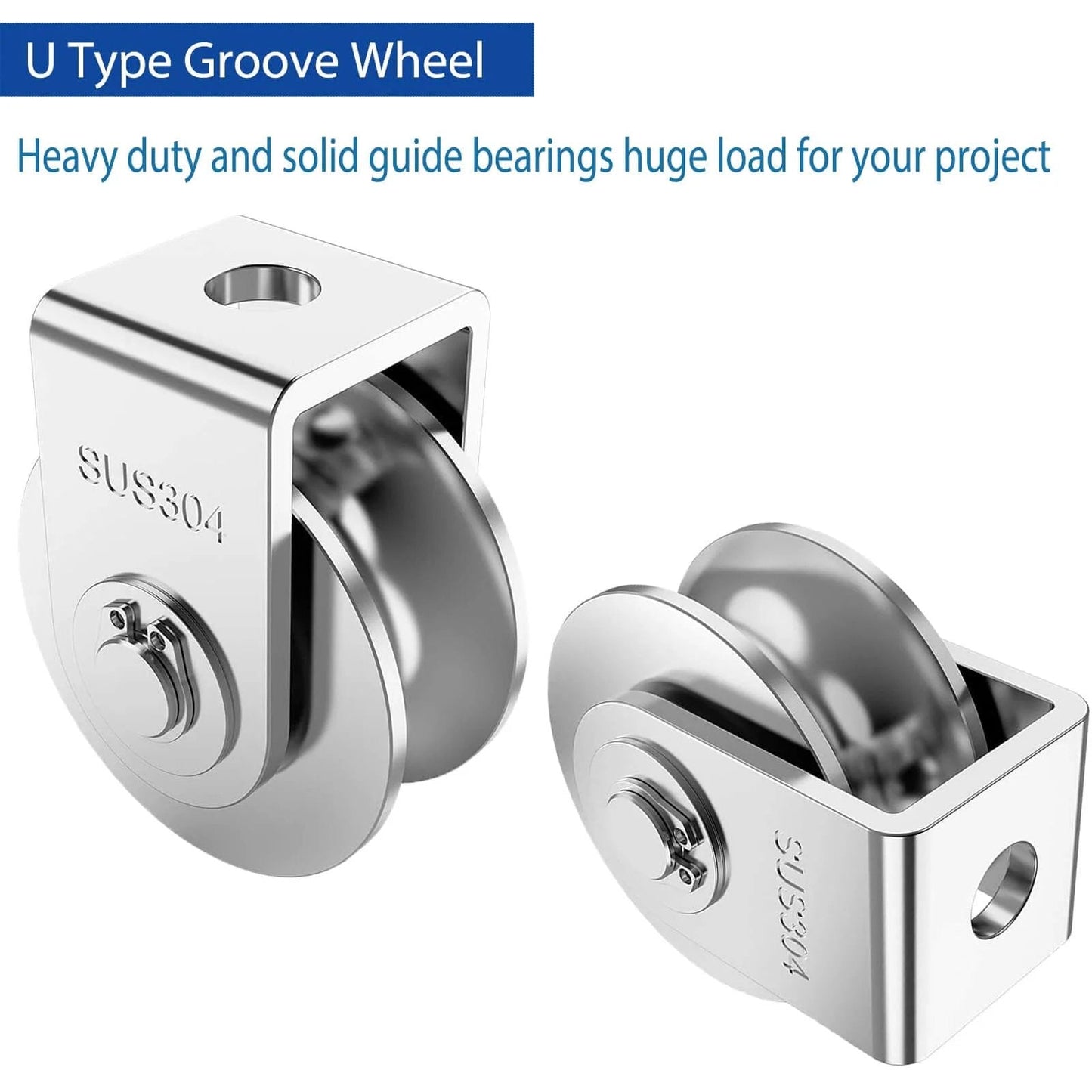 2 Pack 2 Inch Pulley Block U Grooved Wheel Pulley, 304 Stainless Steel Pulley Roller, Heavy Duty Caster Wheels