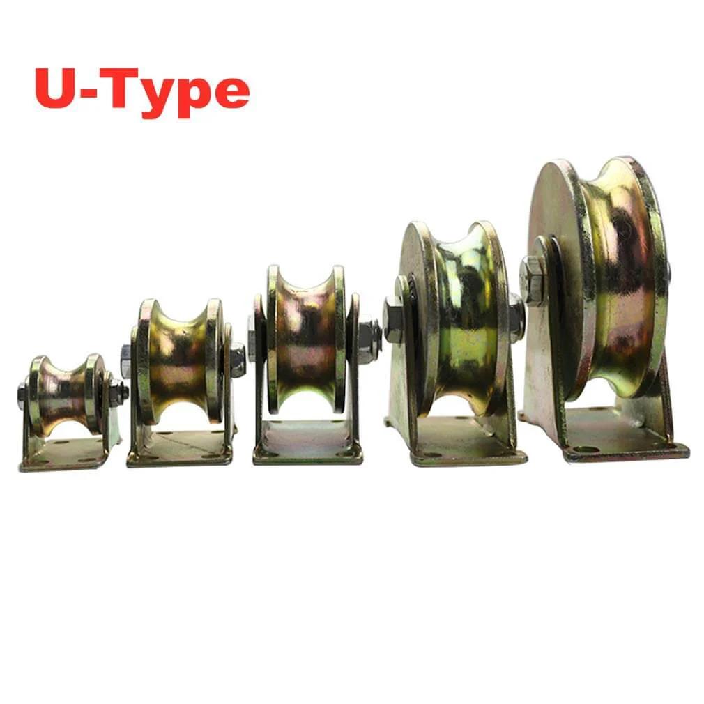 Various sizes of U-Type Pulley, Pulley Wheel, 2pc Heavy Duty Rigid Wheels, Sheave Round Tube Directional Track Wheel, Double Bearing for Industrial Machines, Sliding Door, Rolling Gates, Wire Rope Rails (32mm/1.25in) displayed in a row.