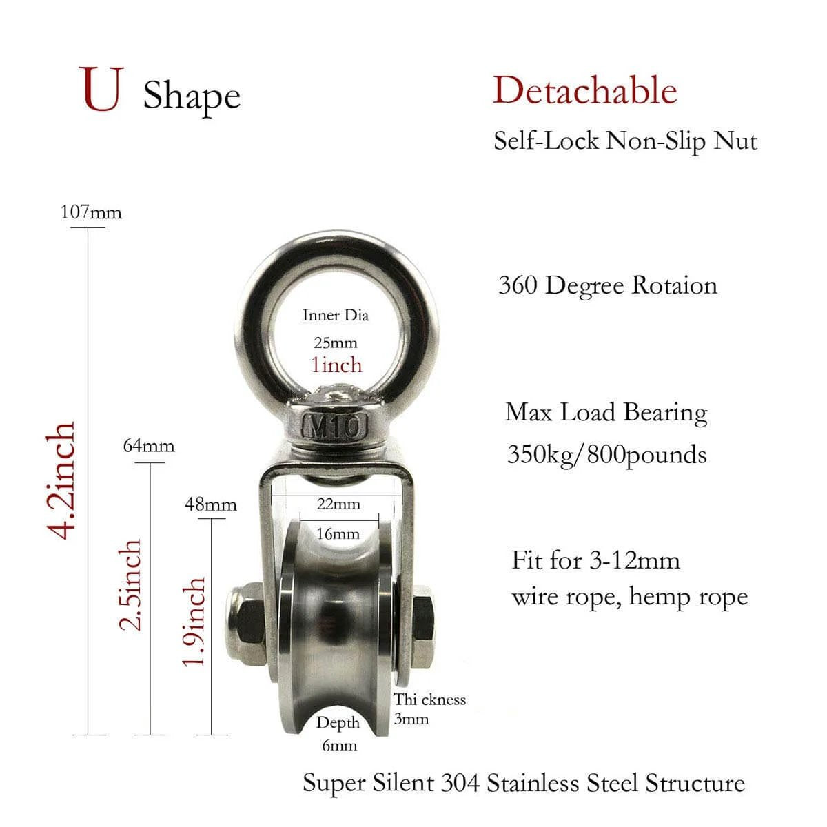 U Type Swivel Pulley 304 Stainless Steel Duplex Bearing Super-Silent Detachable 360 Degree Rotation Heavy Duty Traction Wheel