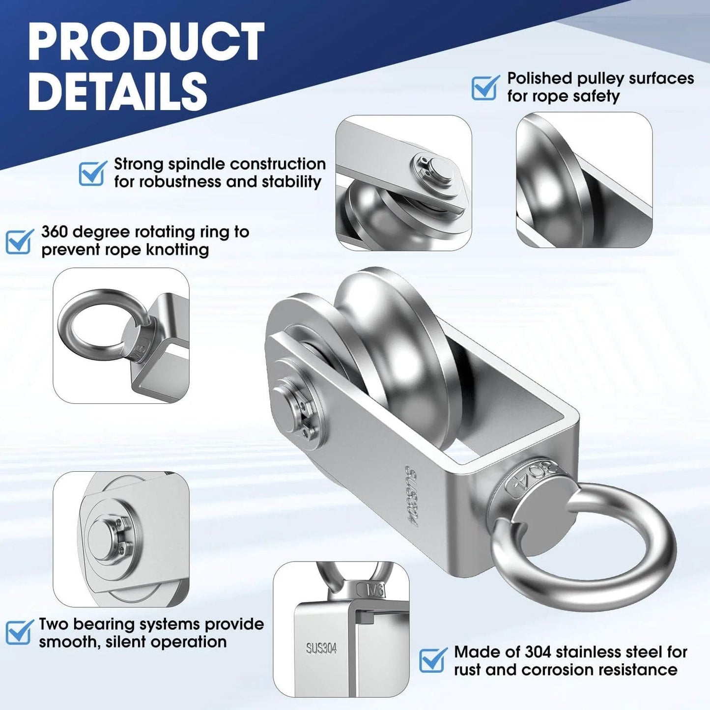 U Type Swivel Pulley Block, 304 Stainless Steel Pulleys for Wire Rope Cable Lifting, DIY Gym Equipment Part, Clothesline, Hoist - Waterproof Sturdy 360 Degree Rotating Wheel (34 mm, 4)