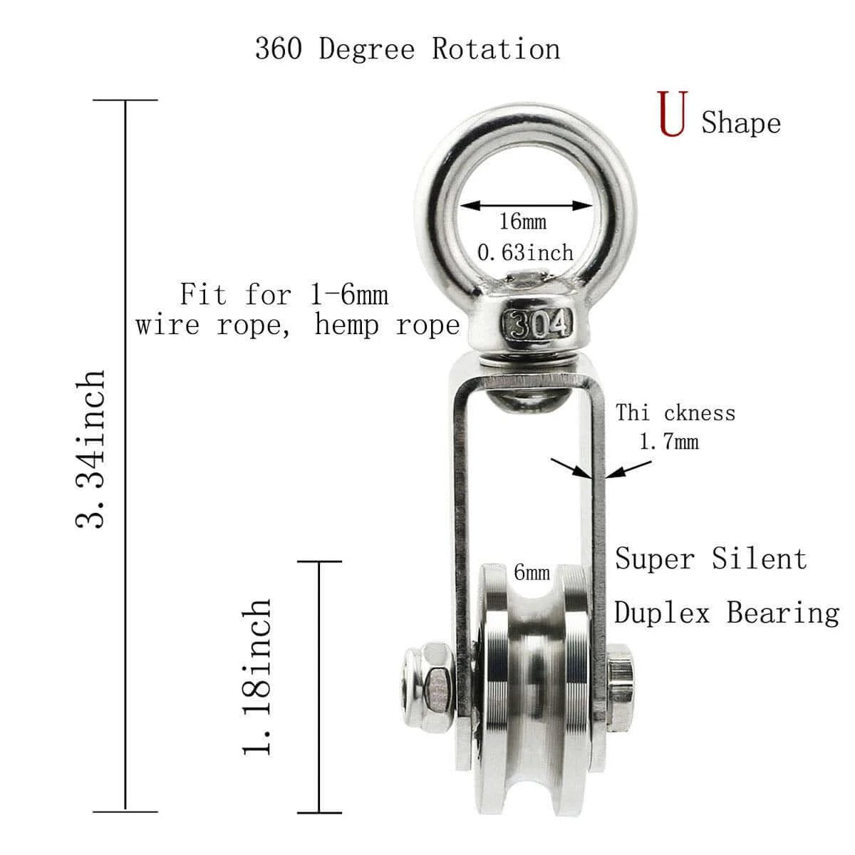 ✝️ U Type Swivel Pulley 304 Stainless Steel Duplex Bearing Detachable 360 Degree Rotation Heavy Duty Traction Wheel dimensions