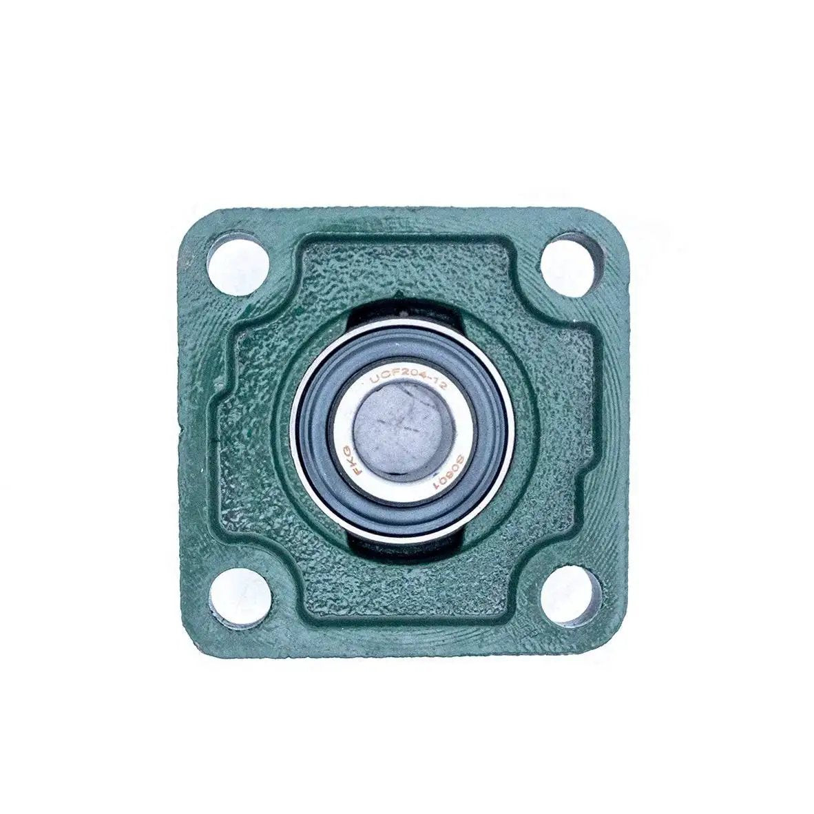 Top view of UCF204-12 Pillow Block Bearing Three Quarter Inch Bore Square Flange Mounted Bearing with cast iron housing and chrome steel inner bearing.