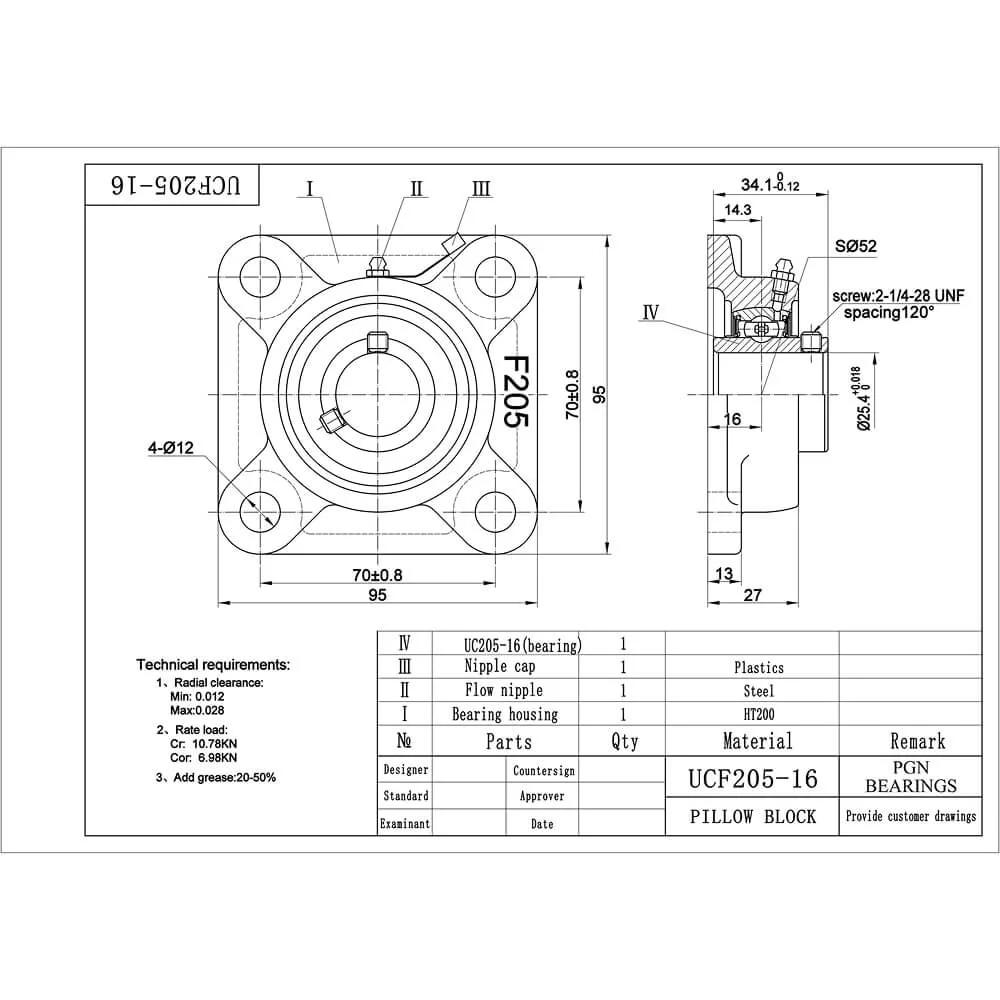 Technical drawing of UCF205-16 Pillow Block Bearing, showing dimensions and specifications for square flange and 1" bore.
