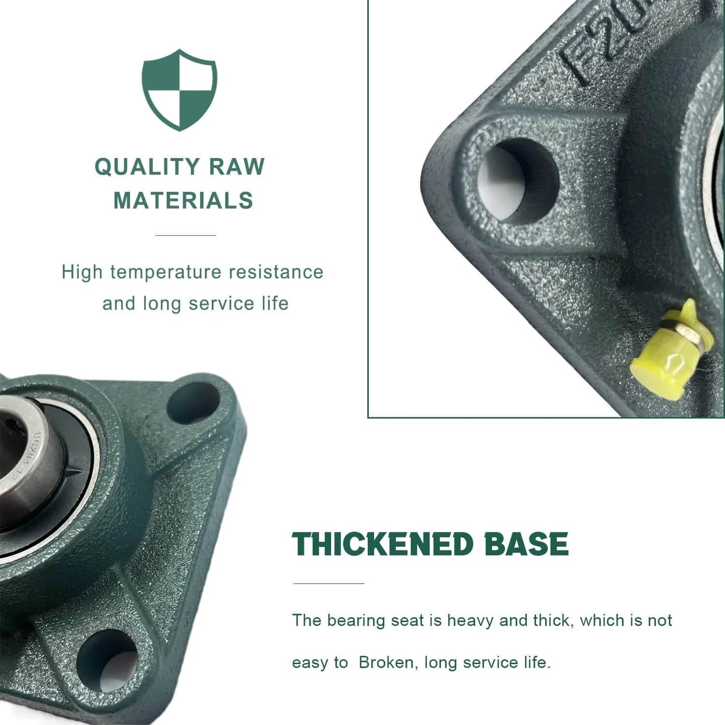 Close-up of 4 PCS of UCF205-16 Pillow Block Bearings, 1 inch Bore, Square Flange Mounted Pillow Block Bearing showing material.