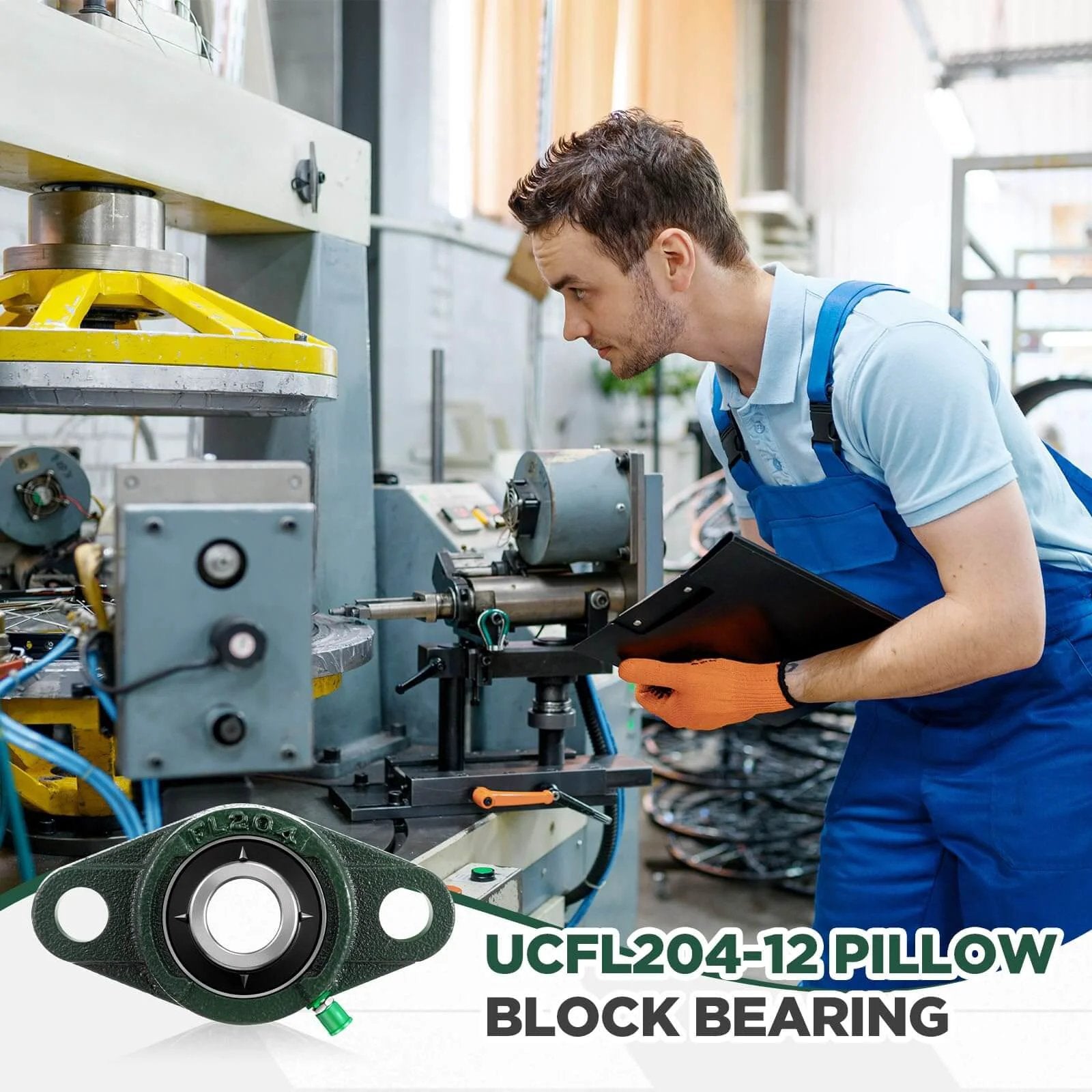 Worker inspecting industrial machine with 10 Pack UCFL204-12 Pillow Block Bearing 3/4 in Bore 2-Bolt Flange Mount in foreground.