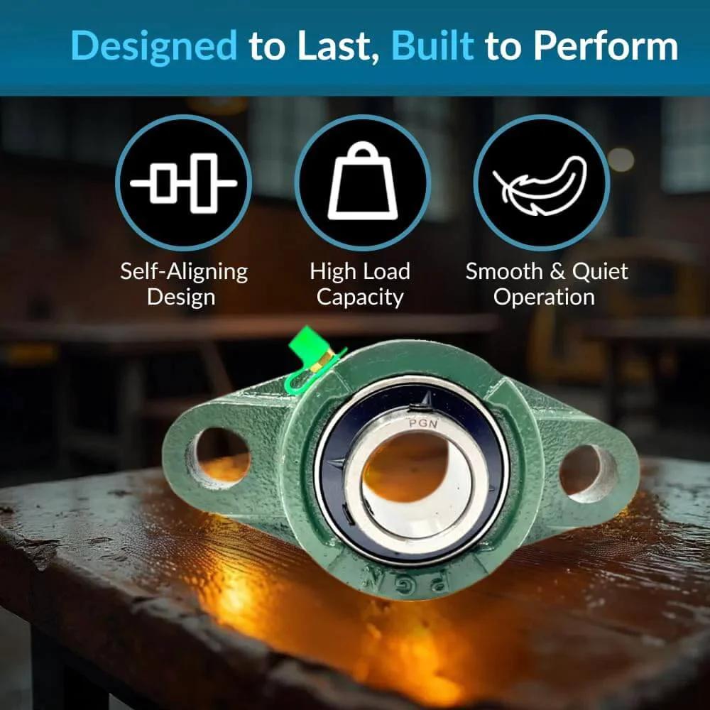 UCFL205-16 Pillow Block Bearing shown on table, features self-alignment, high load capacity, smooth operation, 1-inch bore.