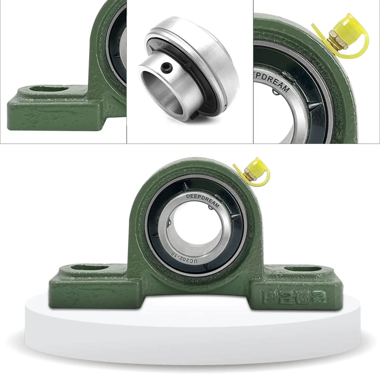 4 PCS UCP202-10 5/8 inch Pillow Block Bearing, green housing, chrome steel, self-aligning, close-up of bearing with set screw.