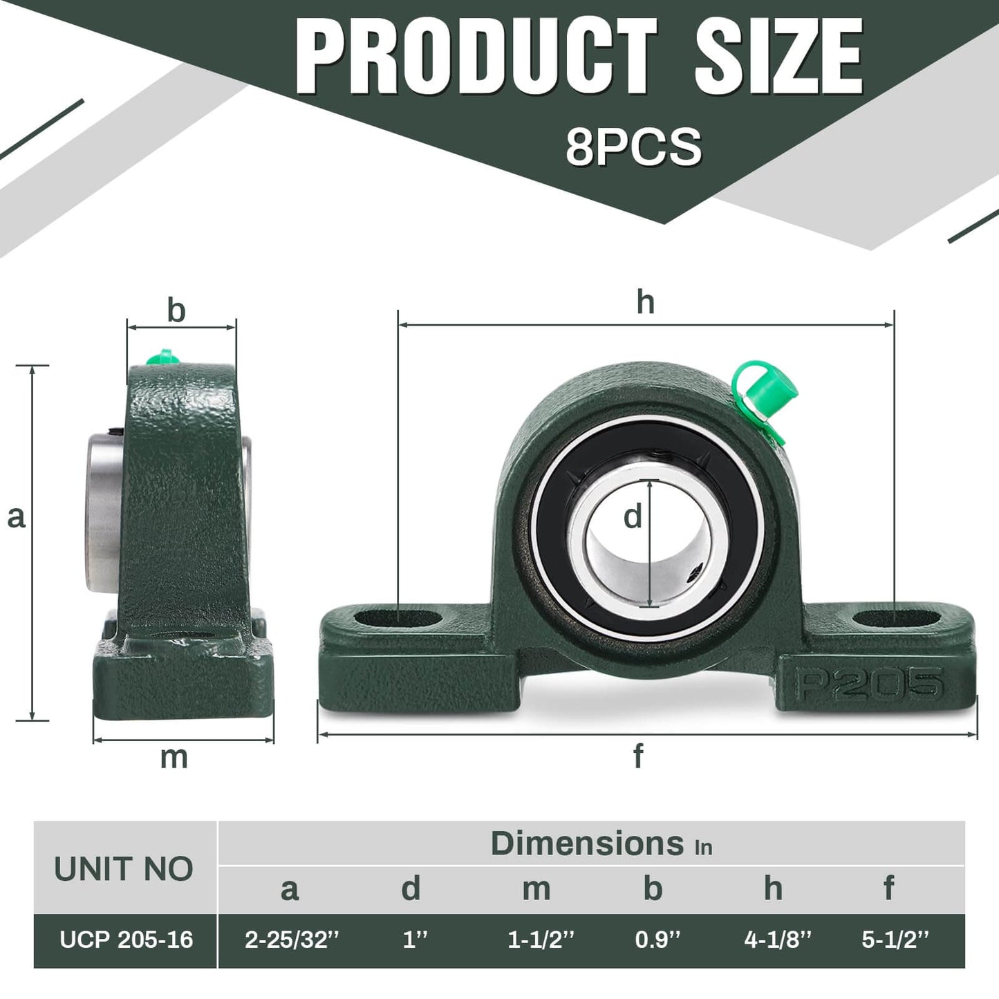 8 Pcs UCP205-16 Pillow Block Bearing with 1" Bore Flange Mounted Pillow Block Ball Bearing Self Alignment Cast Iron Housing Steel Unit for Industry, Green front and side view with dimensions
