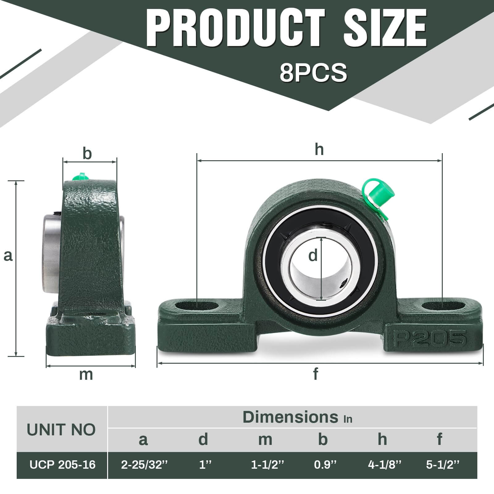 8 Pcs UCP205-16 Pillow Block Bearing with 1" Bore Flange Mounted Pillow Block Ball Bearing Self Alignment Cast Iron Housing Steel Unit for Industry, Green front and side view with dimensions