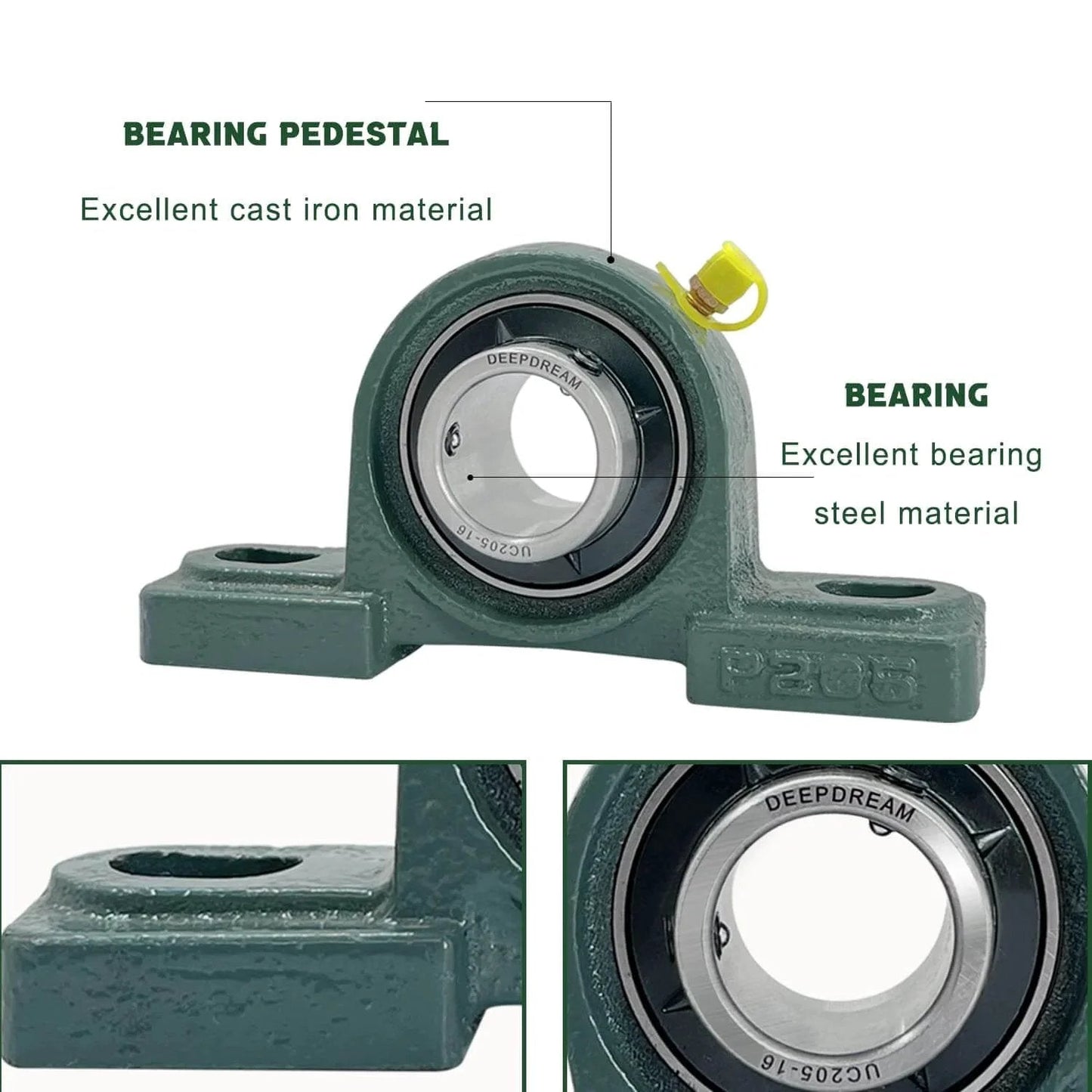 UCP205-16 Pillow Block Bearing 1 inch Shaft Pack of 2 showing cast iron base and steel bearing materials