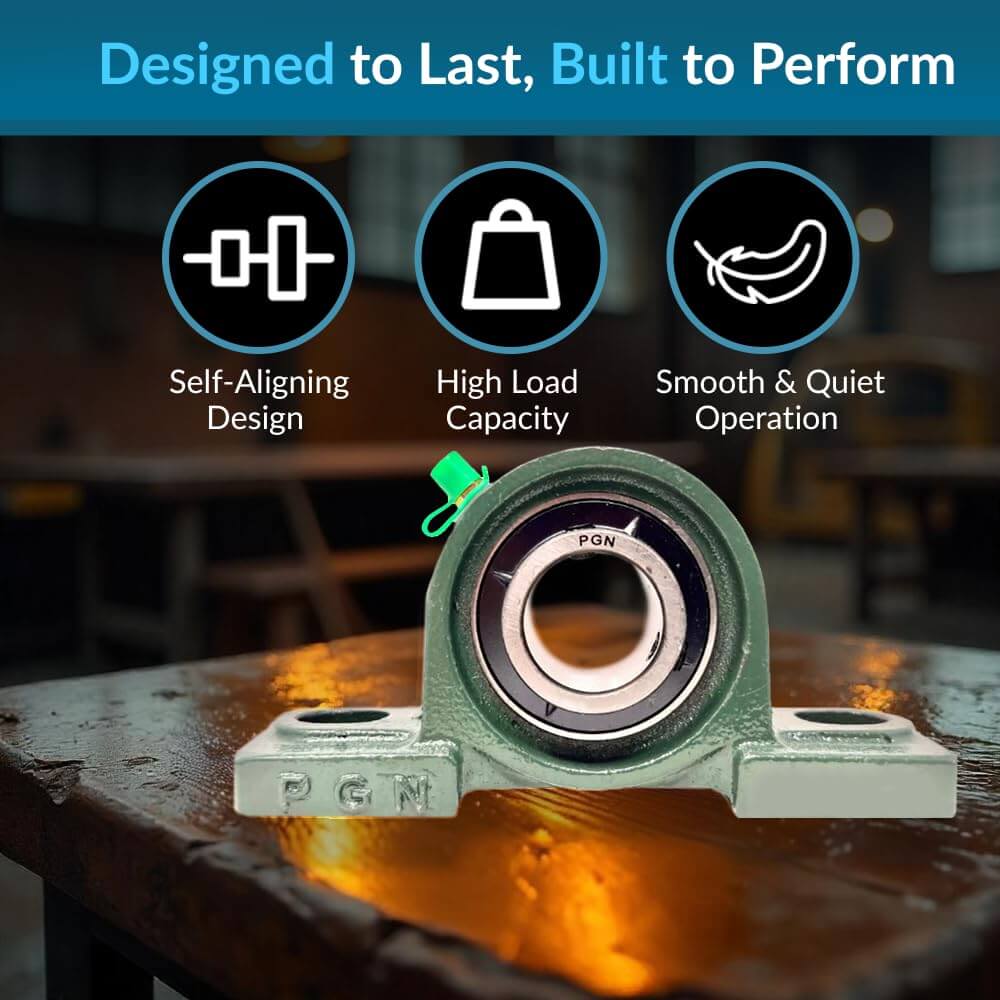 Front view of UCP205-16 Pillow Block Bearing, Pack of 2, chrome steel with 1" bore, self-aligning, on wooden surface.