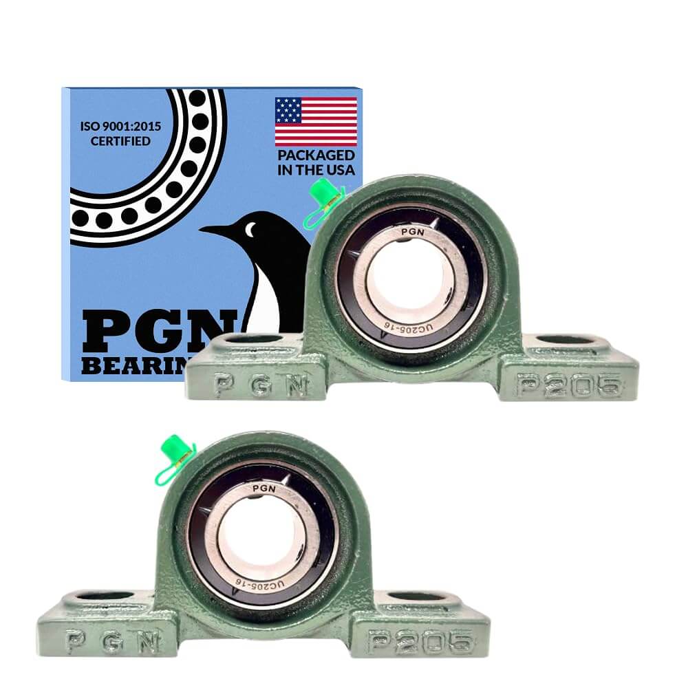 UCP205-16 Pillow Block Bearing - Pack of 2 Mounted Chrome Steel Bearings with 1" Bore, front view with branded packaging