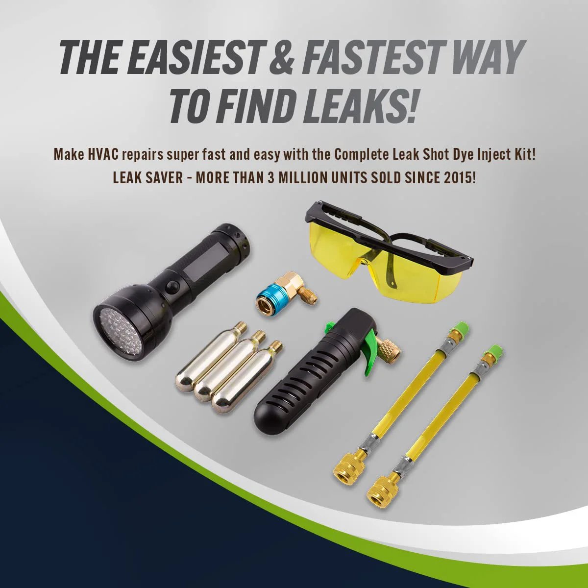 Ultra Bright UV Dye Inject Kit for Refrigerant Leak Detection in Automotive, Home, Commercial, Marine HVAC and Refrigeration Systems with Mess Free Injection, tools and flashlight arranged for use.