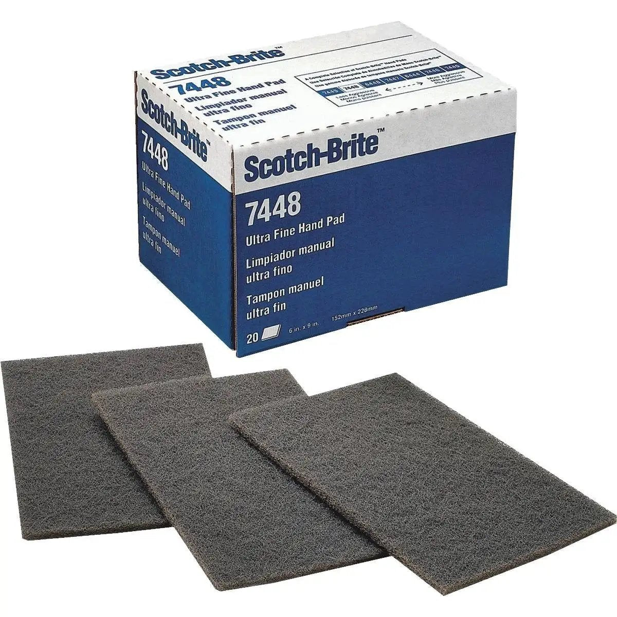 Ultra Fine Hand Pad 7448 20 Count Nonwoven Abrasive Pad For Delicate Finishing, packaging box and pads displayed