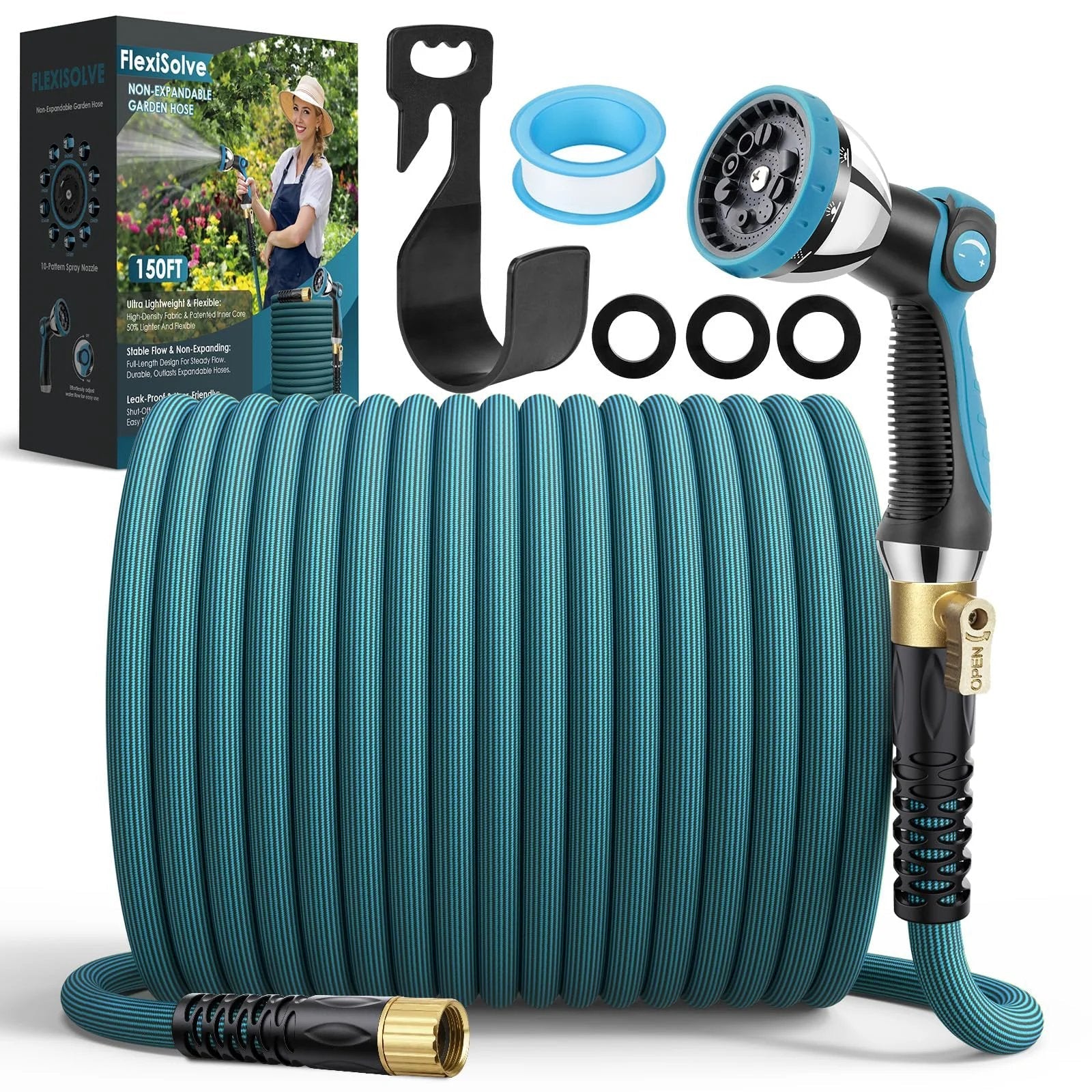 Ultra Lightweight Garden Hose 150 Ft Non Expandable With 10 Pattern Nozzle And Shut Off Valve Holder Included Leakproof And Kink Resistant Reinforced Fittings For Yard And Outdoor Use FlexiSolve displayed with accessories and packaging.