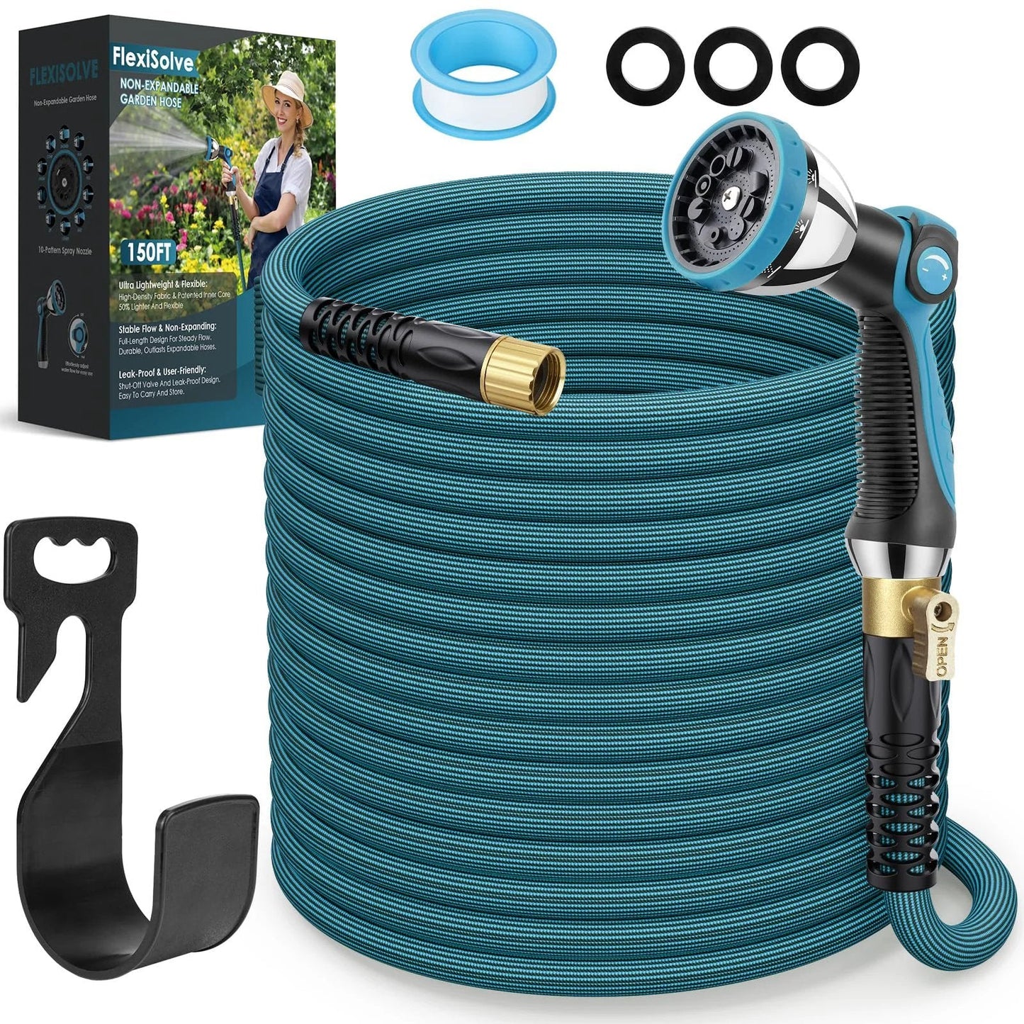Ultra Lightweight Garden Hose 150 Ft Non Expandable With 10 Pattern Nozzle And Shut Off Valve Holder Included Leakproof And Kink Resistant Reinforced Fittings For Yard And Outdoor Use FlexiSolve, coiled hose with nozzle and holder.