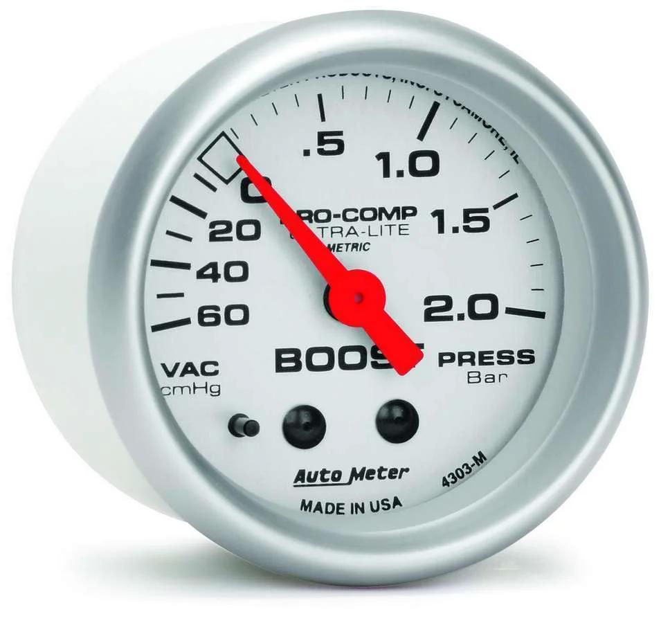 Ultra Lite Mechanical Boost And Vacuum Gauge 2.3125 Inch Dial With Perimeter Incandescent Lighting No Electrical System Required Race Proven Accuracy Easy Install For Street And Track Vehicles Auto Meter 4303 close-up view of gauge face with silver bezel