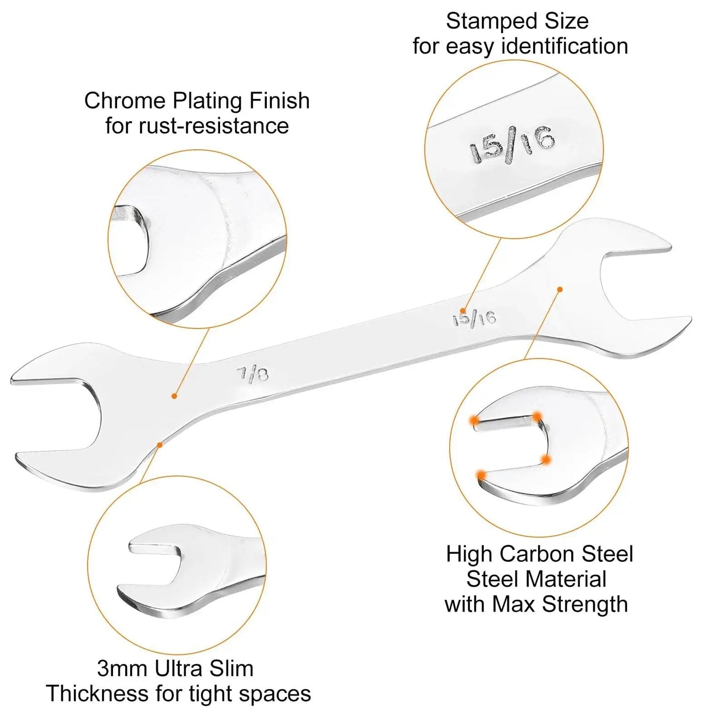 Ultra Slim SAE Open End Wrenches Dual Openings 7/8 by 15/16 Inches, 200mm Length, High Carbon Steel Heat Treated