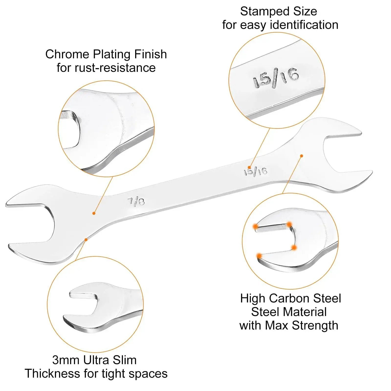 Ultra Slim SAE Open End Wrenches Dual Openings 7/8 by 15/16 Inches, 200mm Length, High Carbon Steel Heat Treated