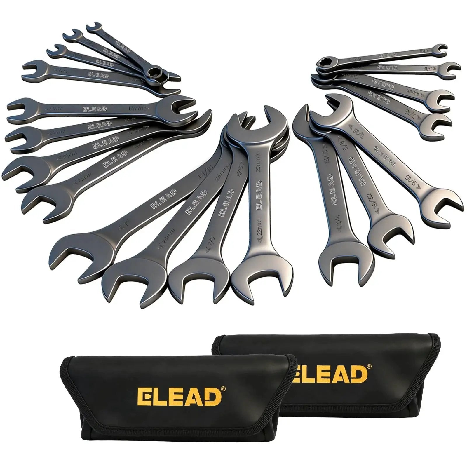 Ultra Slim 19 Piece Open End Wrench Set With Roll Up Pouch, 3 mm Ultra Thin Profile For Tight Spaces, Metric 5.5 To 27 mm And SAE One Quarter Inch To One And One Sixteenth Inch, CR V Nickel Plated