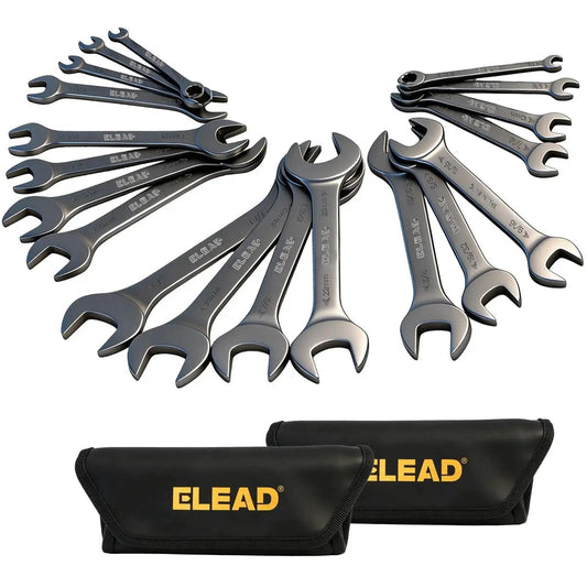 Ultra Slim 19 Piece Open End Wrench Set With Roll Up Pouch, 3 mm Ultra Thin Profile For Tight Spaces, Metric 5.5 To 27 mm And SAE One Quarter Inch To One And One Sixteenth Inch, CR V Nickel Plated