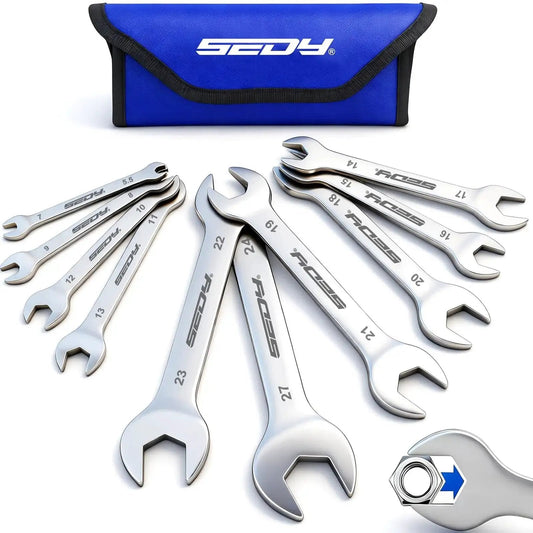 10-Piece Ultra Thin Open End Wrench Set Metric 5.5–27mm, nickel plated, with rolling storage pouch and hex nut illustration