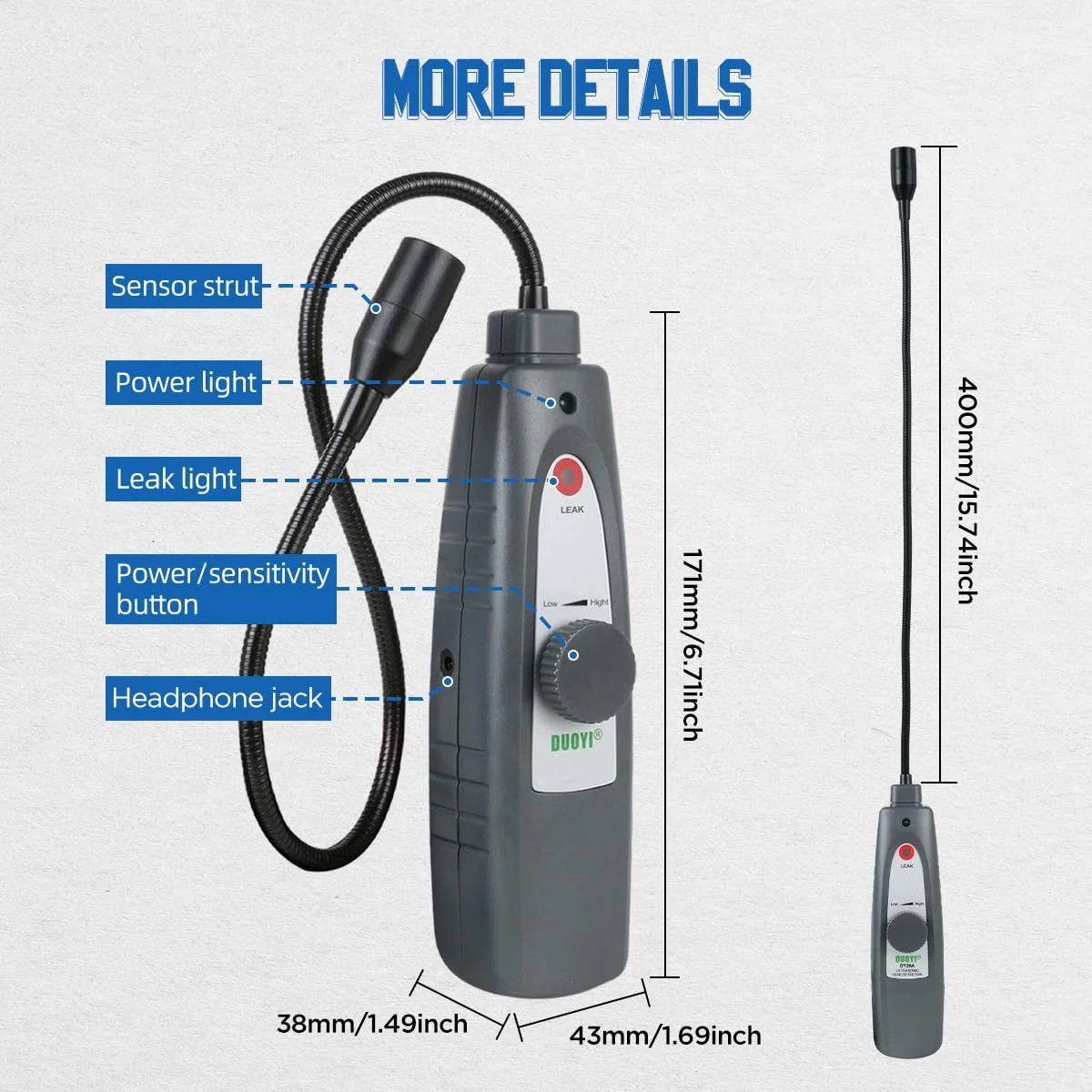 Ultrasonic Leak Detector With Headphones For Quick Leak Locating And Noise Finding At 40KHz Plus Minus 2KHz, side view showing control features.