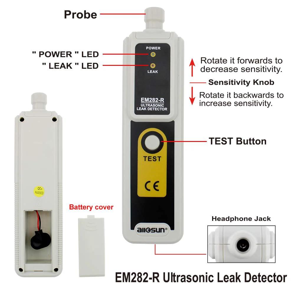 Ultrasonic Vacuum Leak Detector For HVAC And Automotive Pro Grade 40KHz Air Gas Leak Monitor With Dual LED and headphone jack showing front view with buttons and probe.