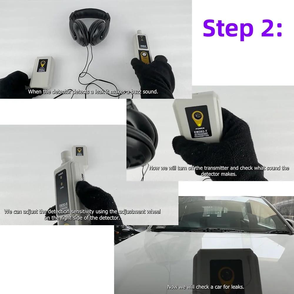 Ultrasonic Vacuum Leak Detector For HVAC And Automotive Pro Grade 40KHz Air Gas Leak Monitor being tested with headphones in use.