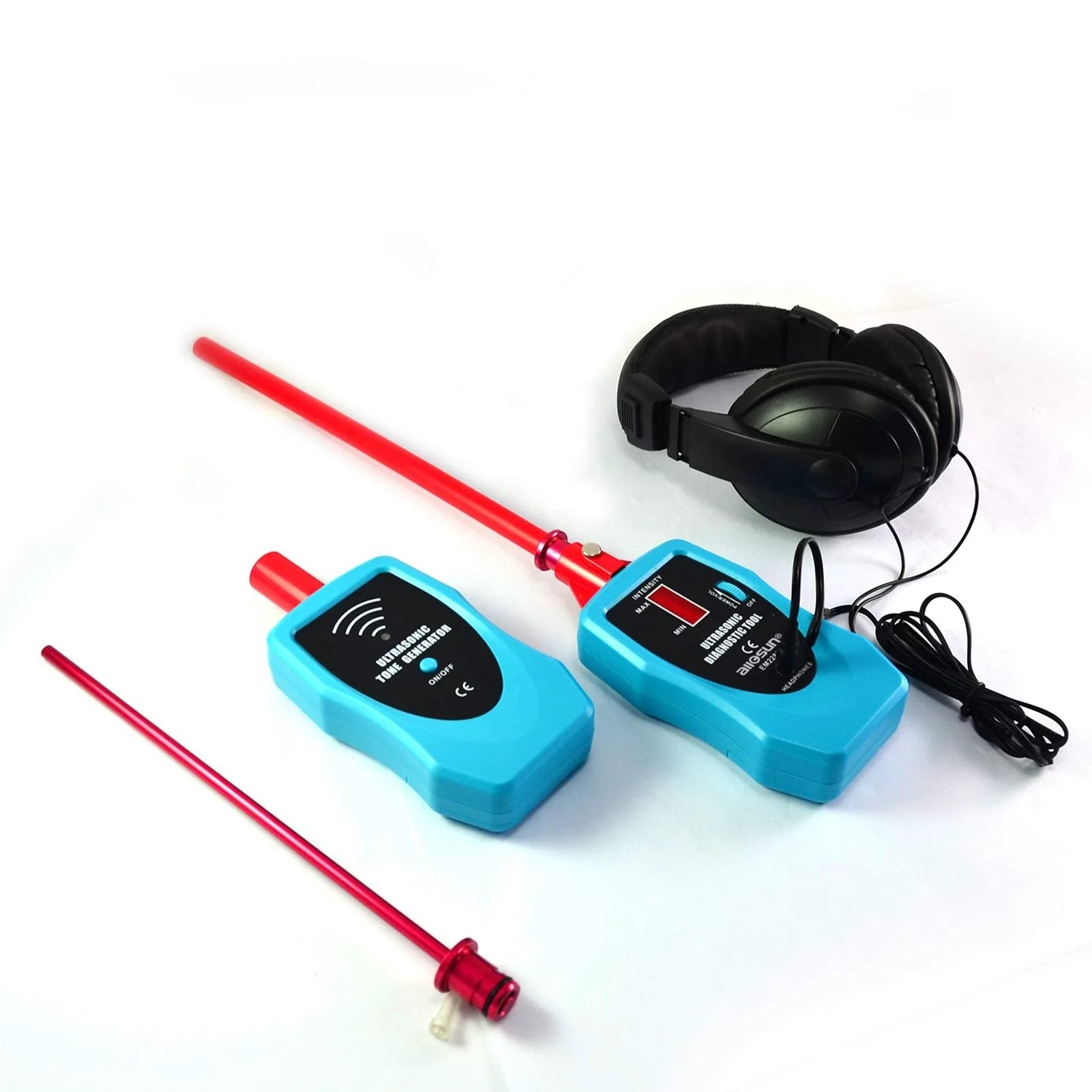 Ultrasonic Leak Detector Stethoscope Kit With Air And Contact Probes And 36 To 44 KHz Frequency, Rotary Volume Control, Tone Generator, Helps Find Vacuum And Gas Seal Faults, Auto And Industrial Leak Detection Tool For Quick Diagnostics And Repairs, with two probes and headphones.