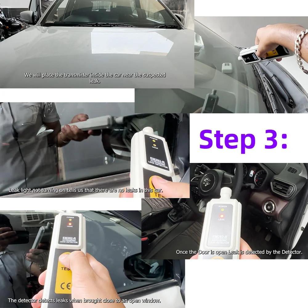 Ultrasonic Vacuum Leak Detector For HVAC And Automotive Pro Grade 40KHz Air Gas Leak Monitor used inside a vehicle for leak testing.