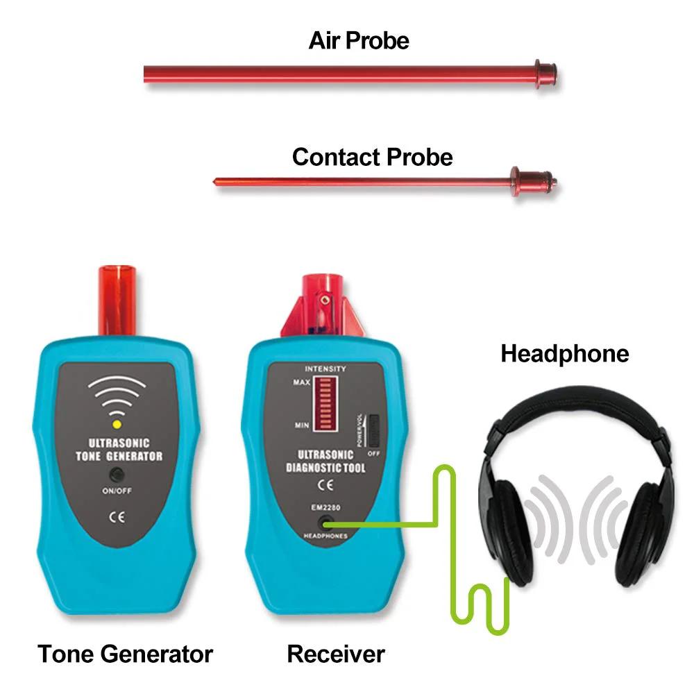 Ultrasonic Leak Detector Stethoscope Kit With Air And Contact Probes And 36 To 44 KHz Frequency, rotary volume control, tone generator, air probe and contact probe, receiver with headphone.