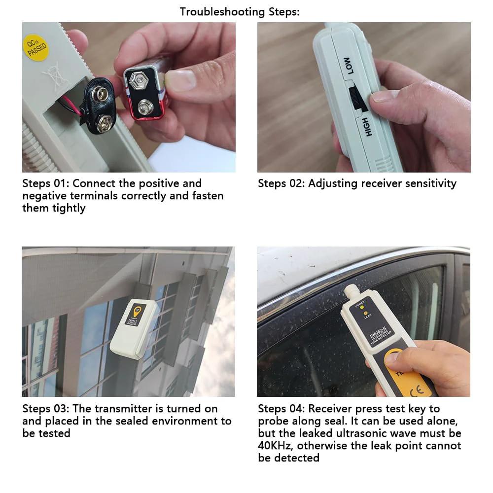 Ultrasonic Vacuum Leak Detector For HVAC And Automotive Pro Grade 40KHz showing battery connections, receiver sensitivity adjustment, and usage steps.
