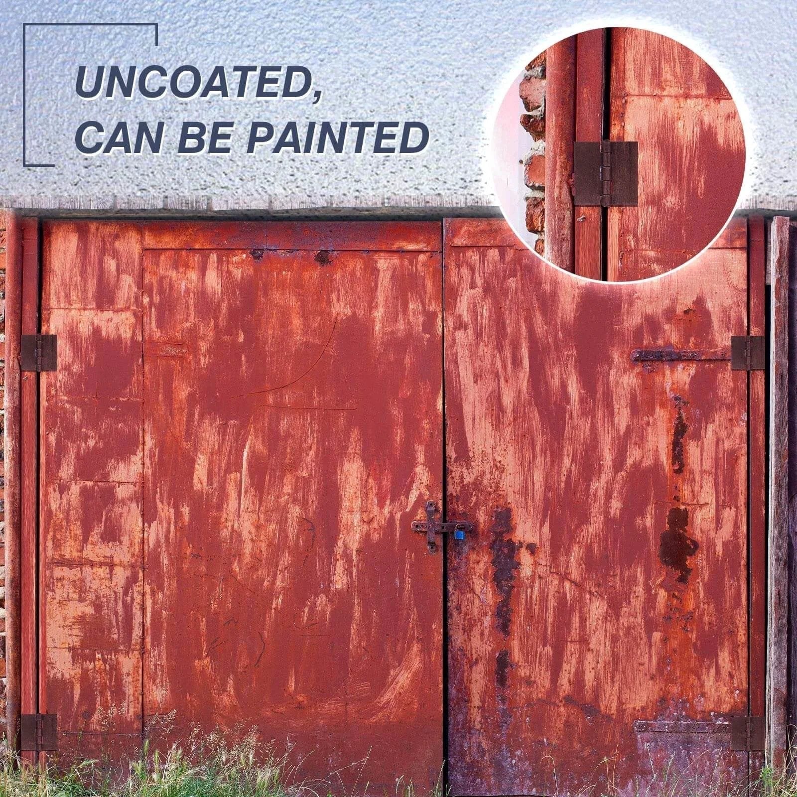 2 Pieces 3 Heavy Duty Weldable Hinges 12 Ga Welding Long Lasting Steel Butt Hinge on rust-colored door, uncoated, can be painted