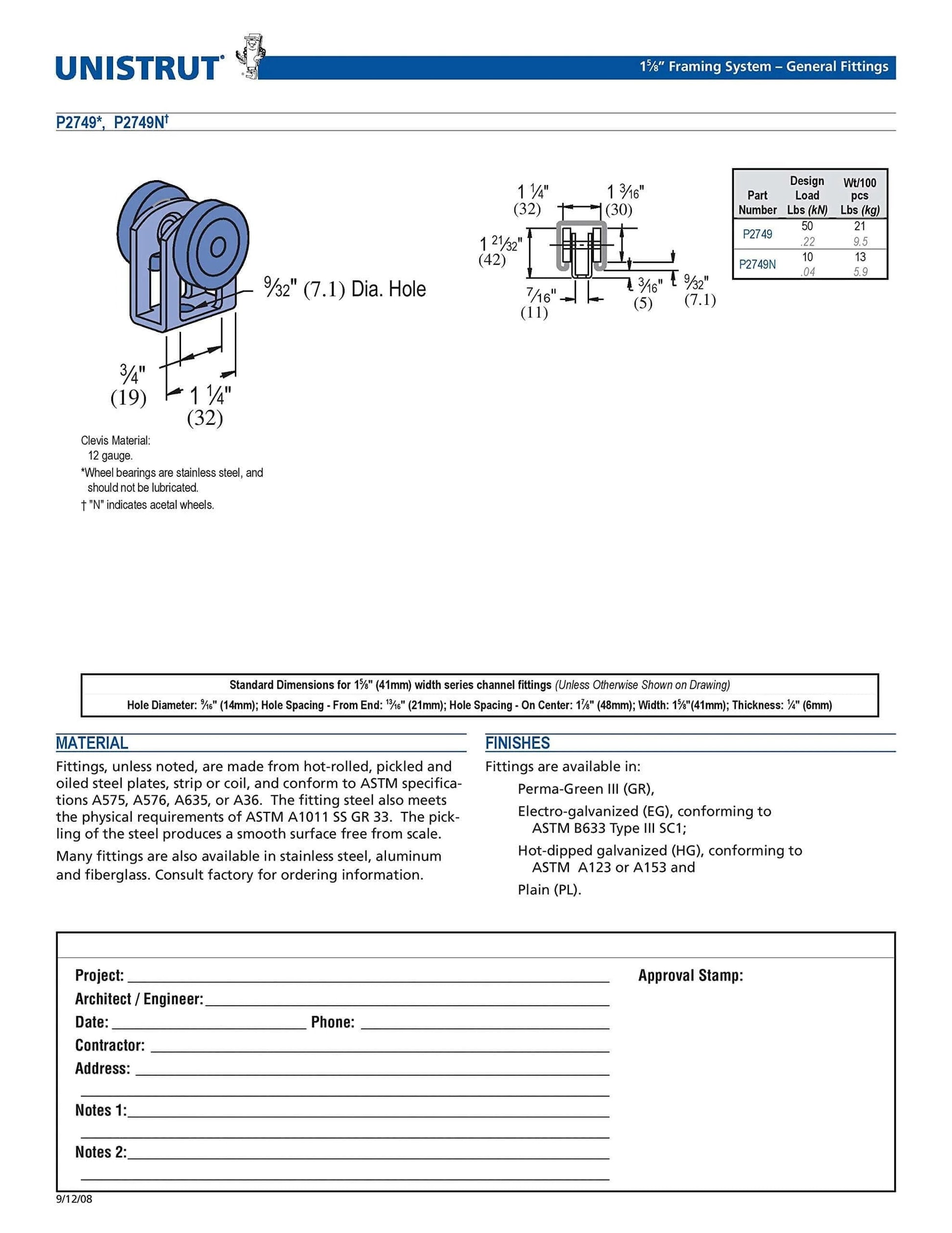 Diagram showing dimensions for 2 Wheel Light Duty Trolley Assembly Designed for P1000 P1001 P5000 P5500 and 1-5/8 Inch Channels.