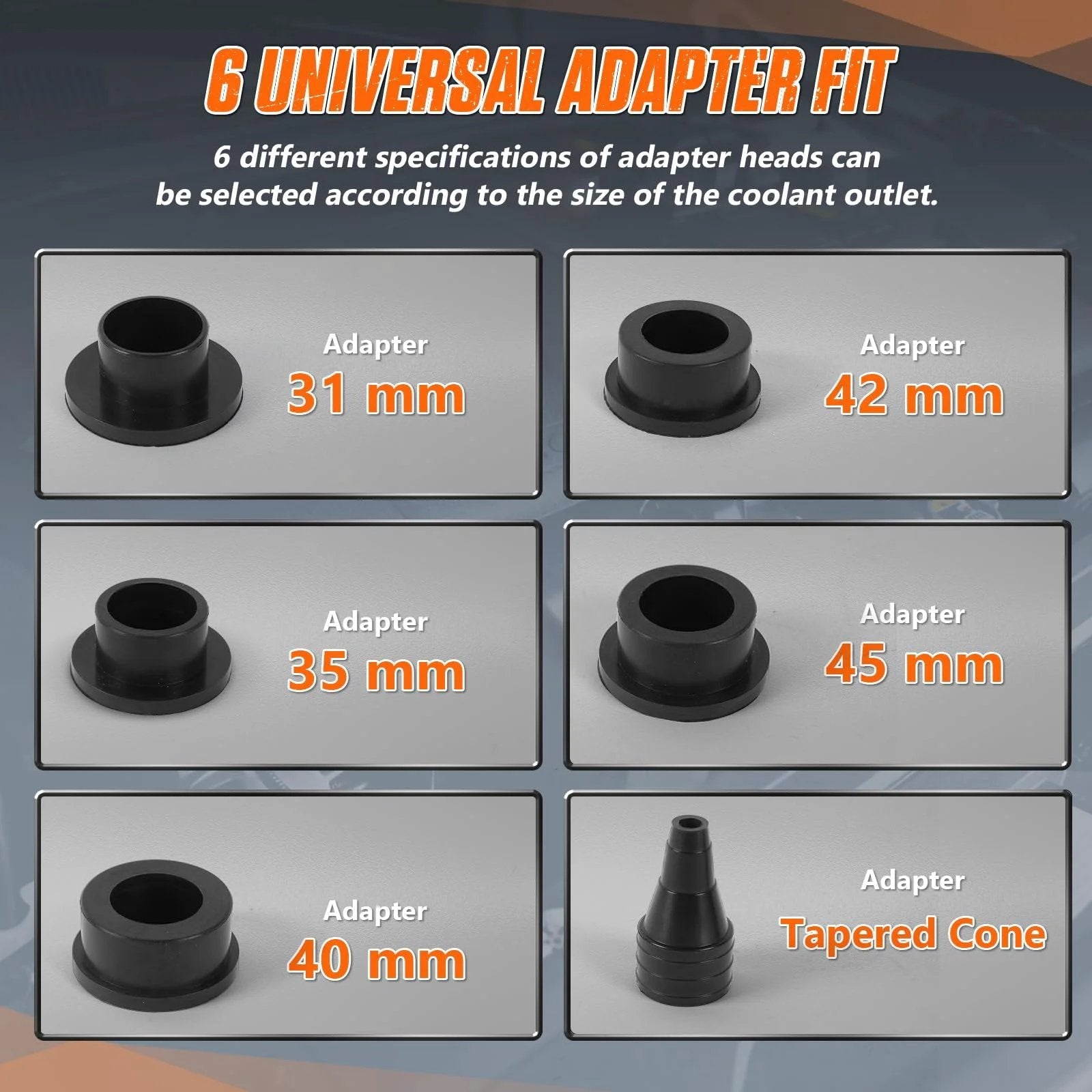 All-in-One Coolant Vacuum Refill Kit With Five Adapters And Pressure Gauge, Eliminate Trapped Air And Quickly Leak-Test Radiator And Heater Core Lines, Universal Fit For 95 Percent Of Vehicles, A Must-Have DIY Auto Tool For Pros And Enthusiasts BELEY universal adapters displayed in various sizes including tapered cone.