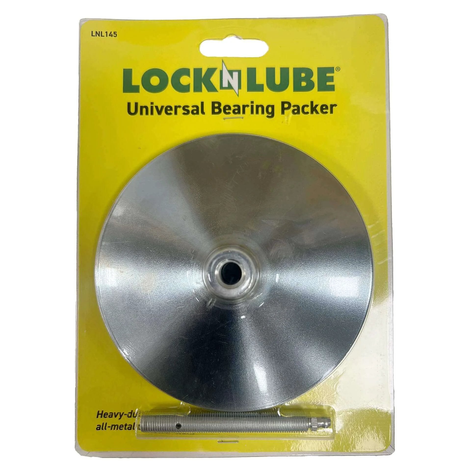 Universal Bearing Packer, LNL145, metal disk and rod in packaging for wheel bearings on trailers and machinery