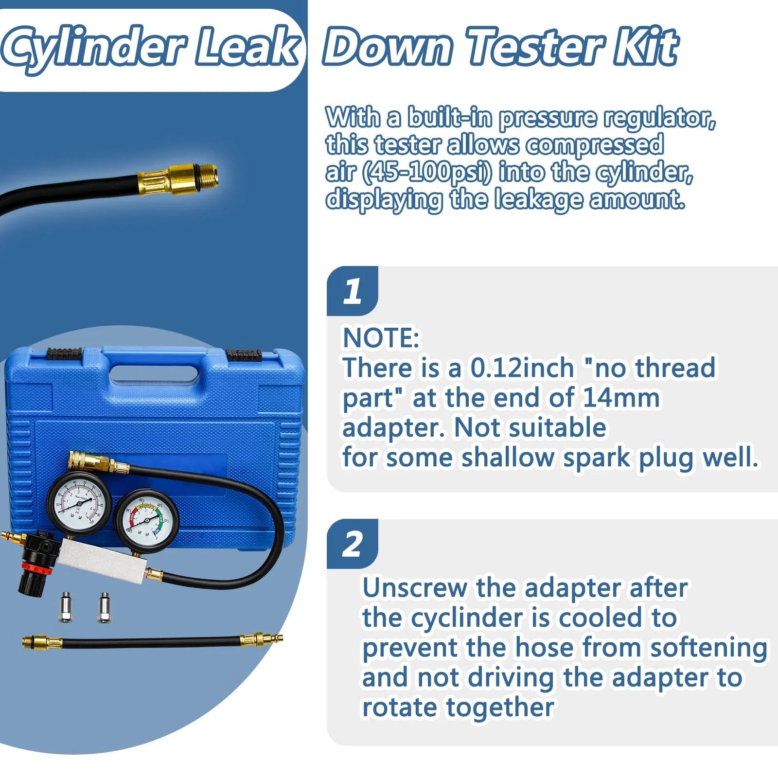 Universal Cylinder Leak Down Tester Kit With Dual Pressure Gauges For Gasoline Engines, featuring gauges and hoses in a blue case.