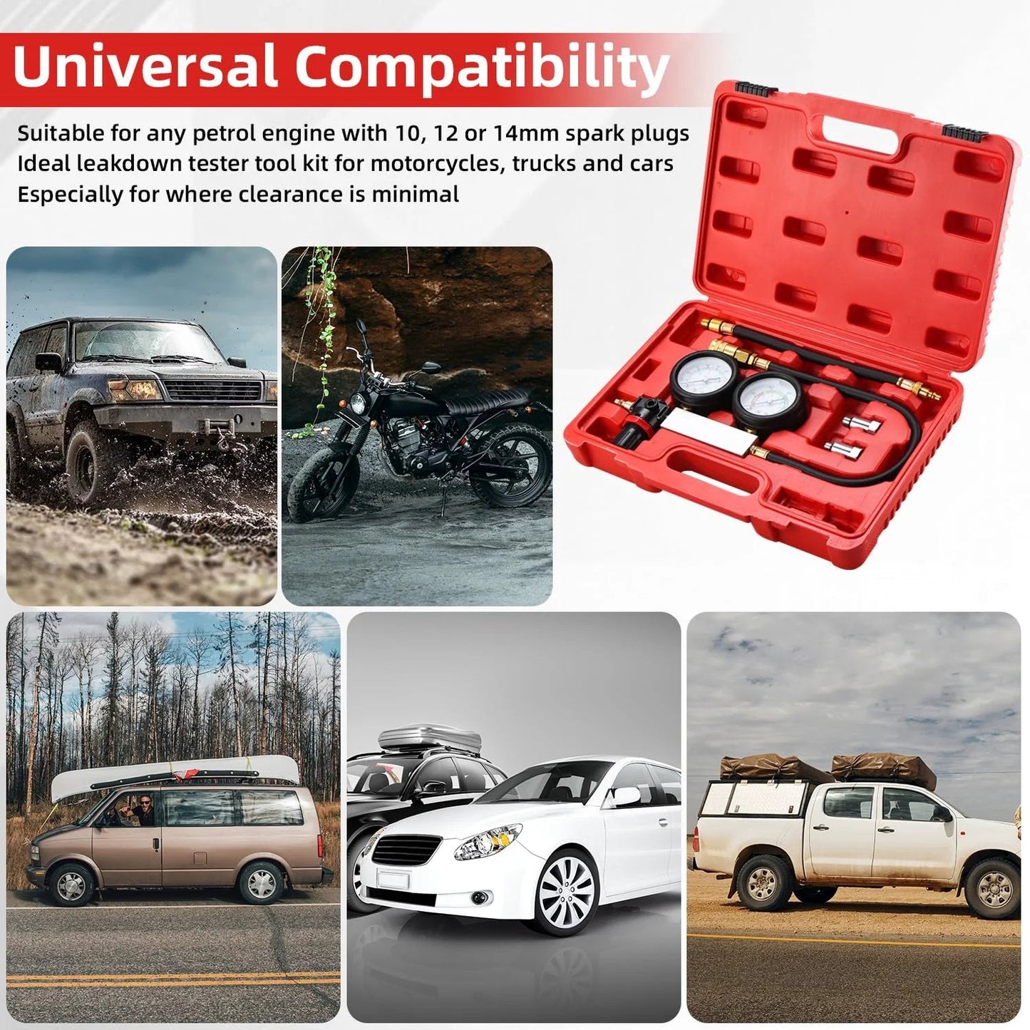 Pro Grade Cylinder Leak Down Tester Tool Kit For Gasoline Engines With Dual Pressure Gauges For Quick Diagnostics And Precise Leakage Measurement, Detects Problem Sources, Tu21 Compatible Engine Compression Tester Set By 8MILELAKE in red case with gauges and hoses.