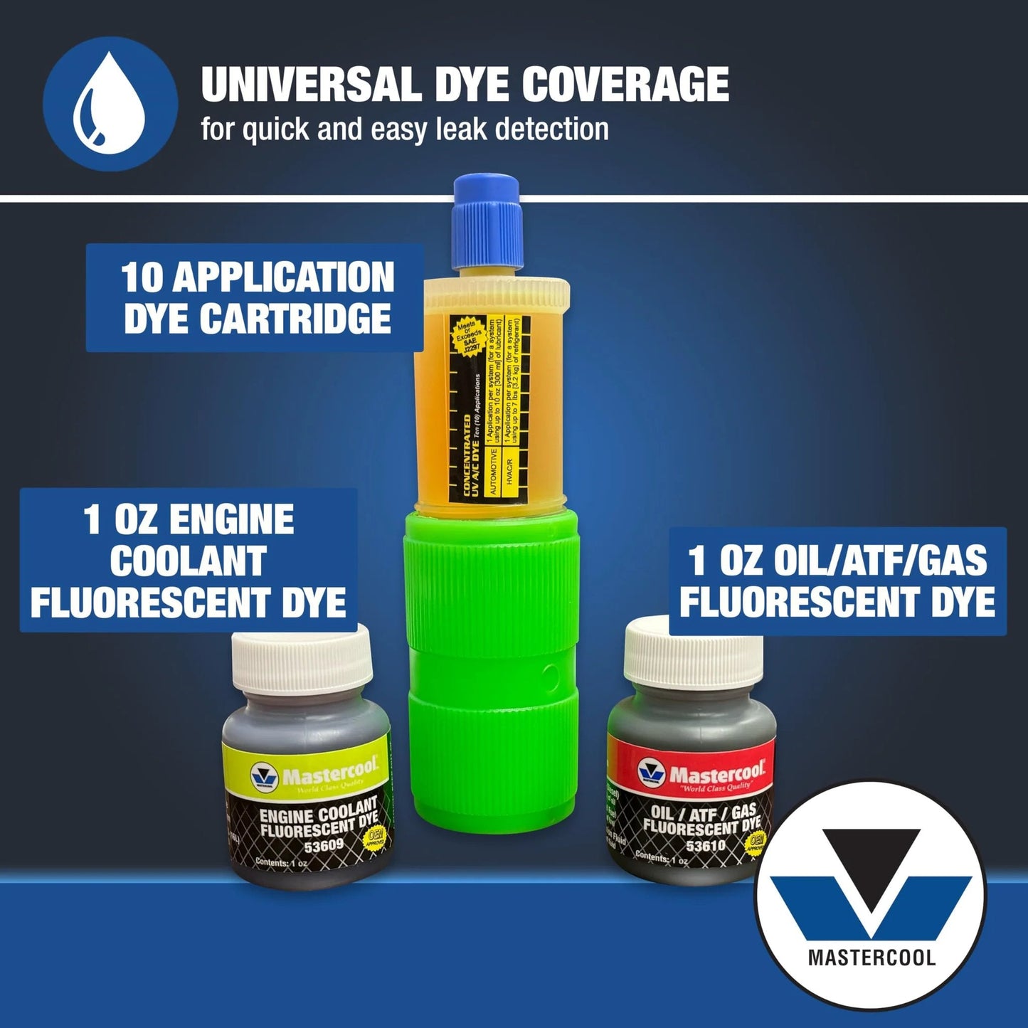 Universal dye kit components for All In One UV Leak Detection Kit For Automotive And HVAC Systems Mastercool 53351 with 10 applications.