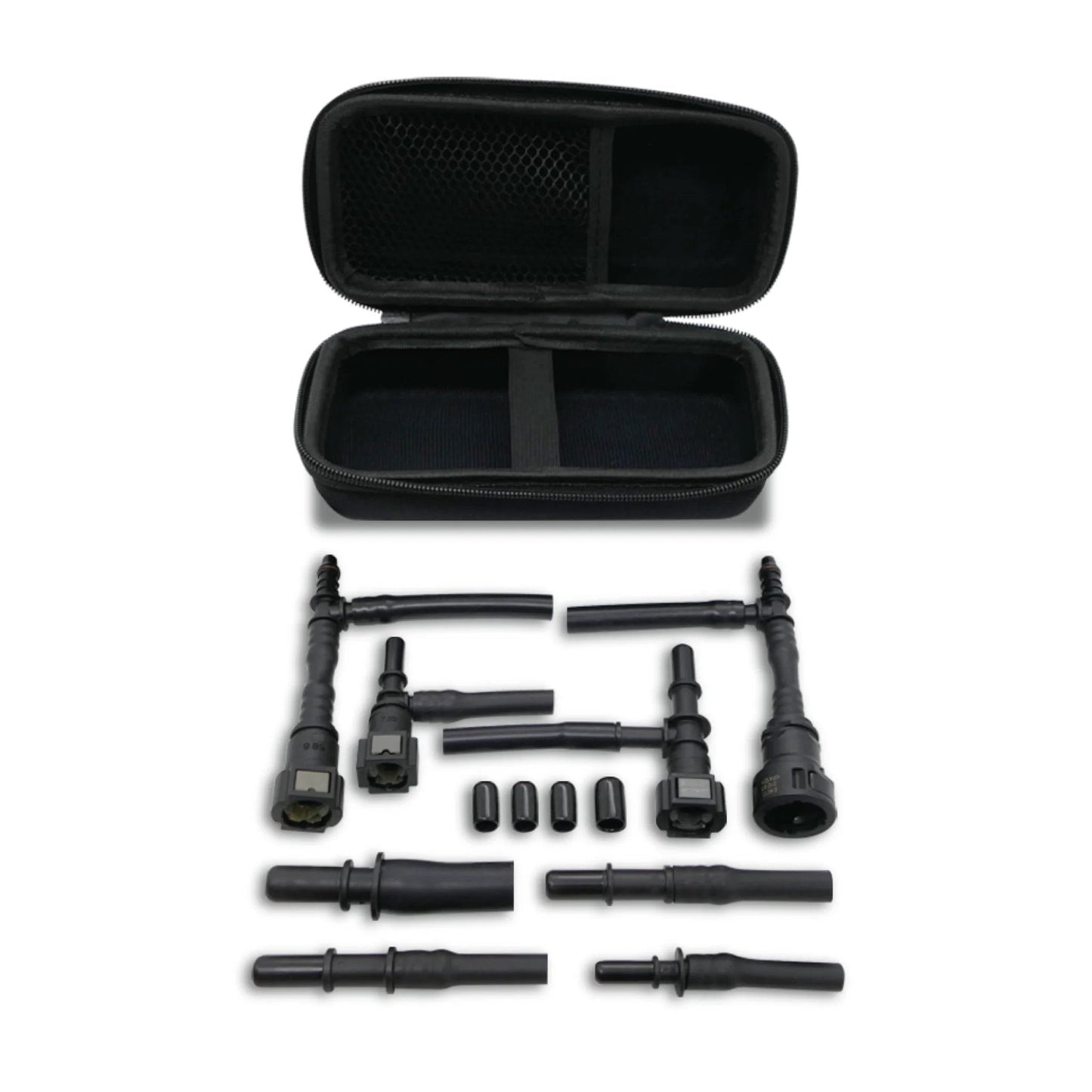 Universal EVAP System Leak Detection Kit That Connects To Any Automotive Smoke Machine For Quick And Easy EVAP Leak Finding With Flexible Tee Adapters And Vacuum Hoses Soft Case And Redline Detection EasyConnect 96-0190, showing components and soft case.