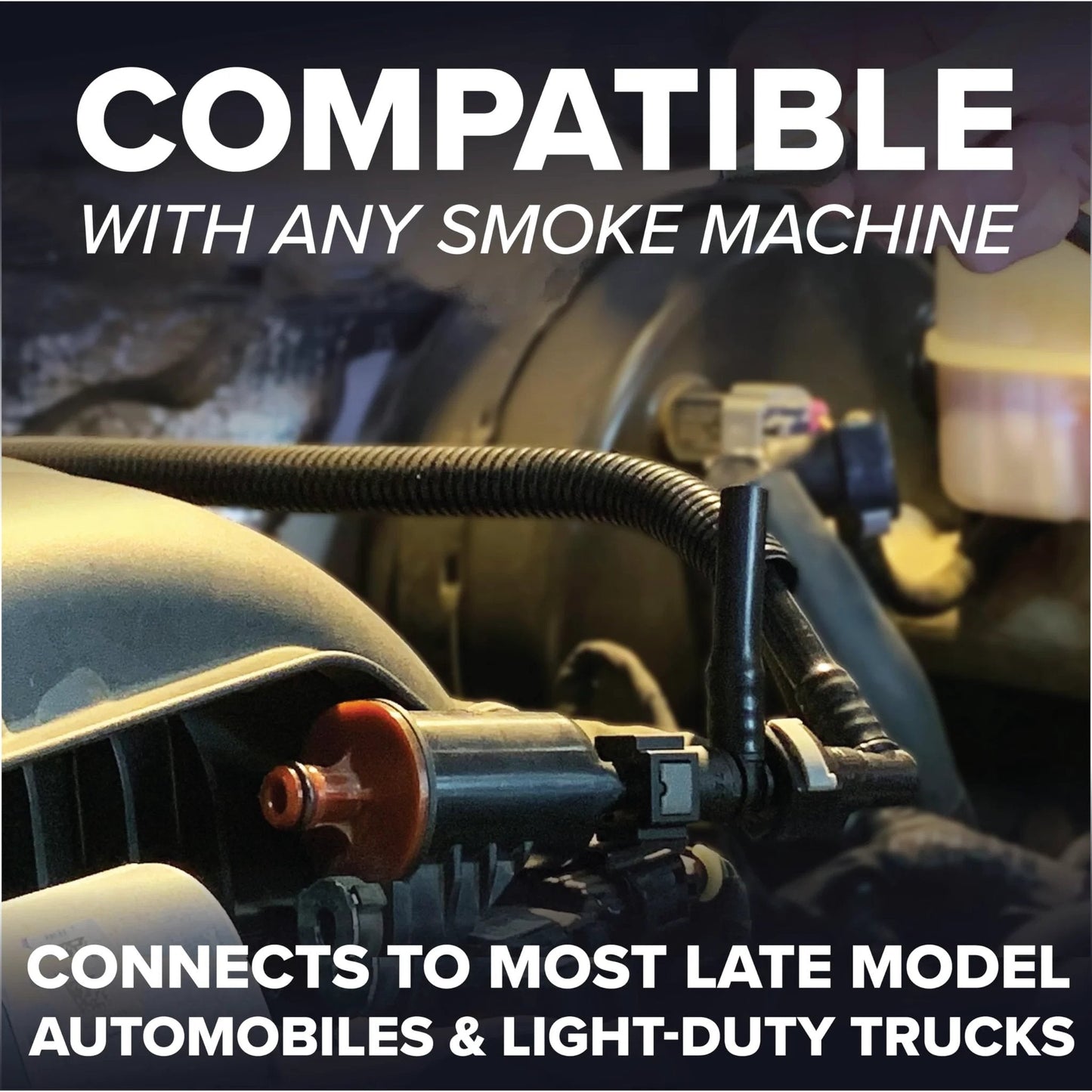 Close-up of the Universal EVAP System Leak Detection Kit That Connects To Any Automotive Smoke Machine showing flexible hose connection.