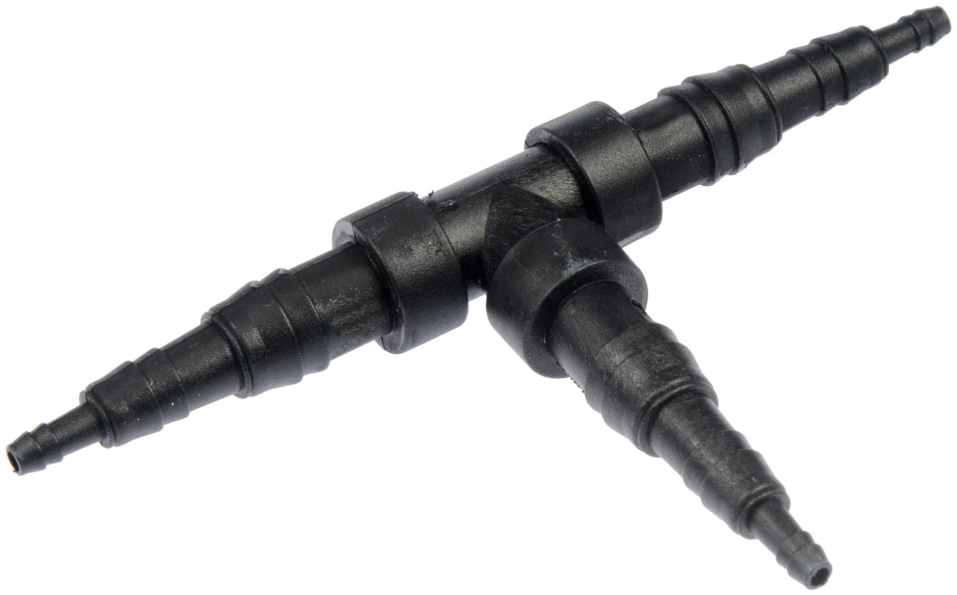 Universal Fit Black Hard Vacuum Tubing Tee Kit In One Eighth Inch One Quarter Inch Or Three Eighth Inch Size Durable Plastic Or Heat Resistant PVC Vinyl Construction Ten Pack For Auto Use Built Tough By Dorman, close-up view of T-shape connector.