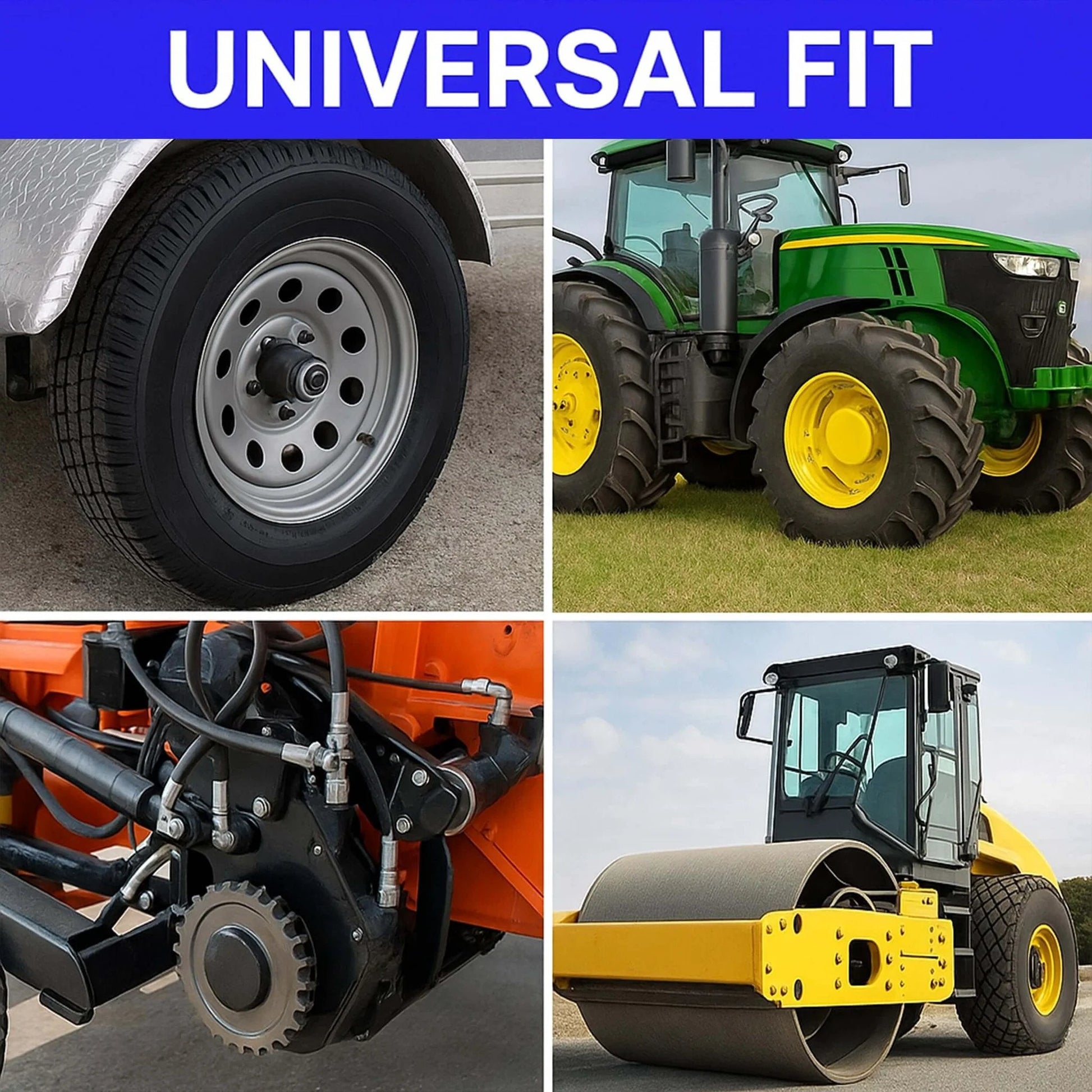 Collage showing trailer wheel, tractor, machinery gear, and roller, highlighting Universal Fit of L44643/L44610 Trailer Wheel Bearing Kit.