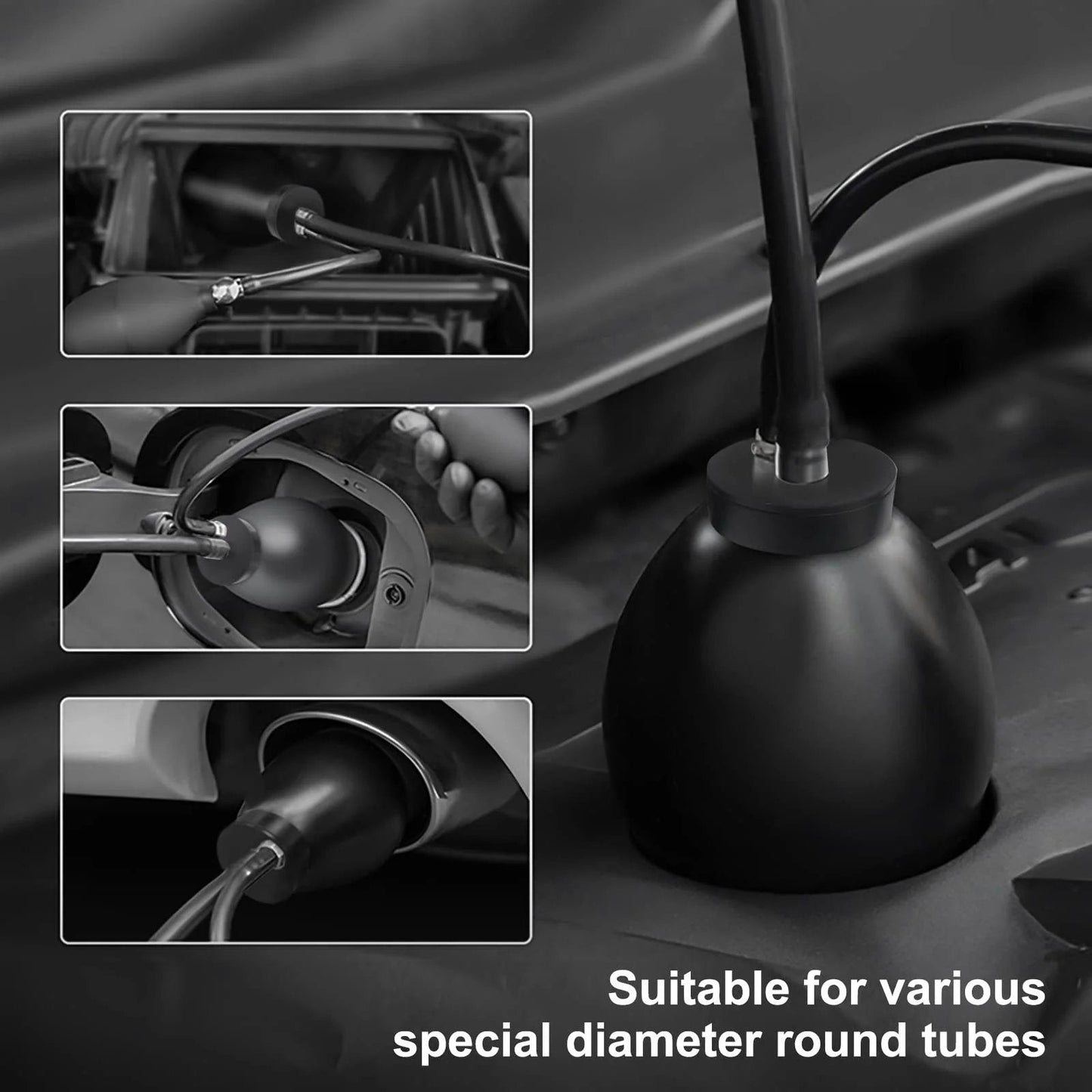 Universal Quick Intake Adapter With Heavy Duty Sealed Expandable Bladder For 12V Automotive Air Intake And Exhaust Leak Testing, showing installation on a vehicle's intake port.