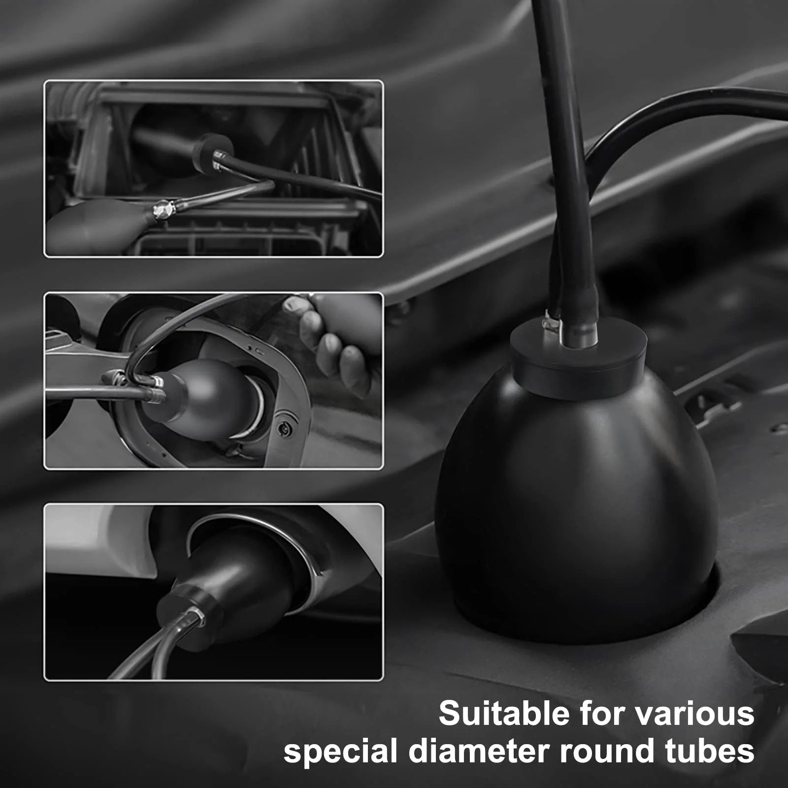 Universal Quick Intake Adapter With Heavy Duty Sealed Expandable Bladder For 12V Automotive Air Intake And Exhaust Leak Testing, showing installation on a vehicle's intake port.