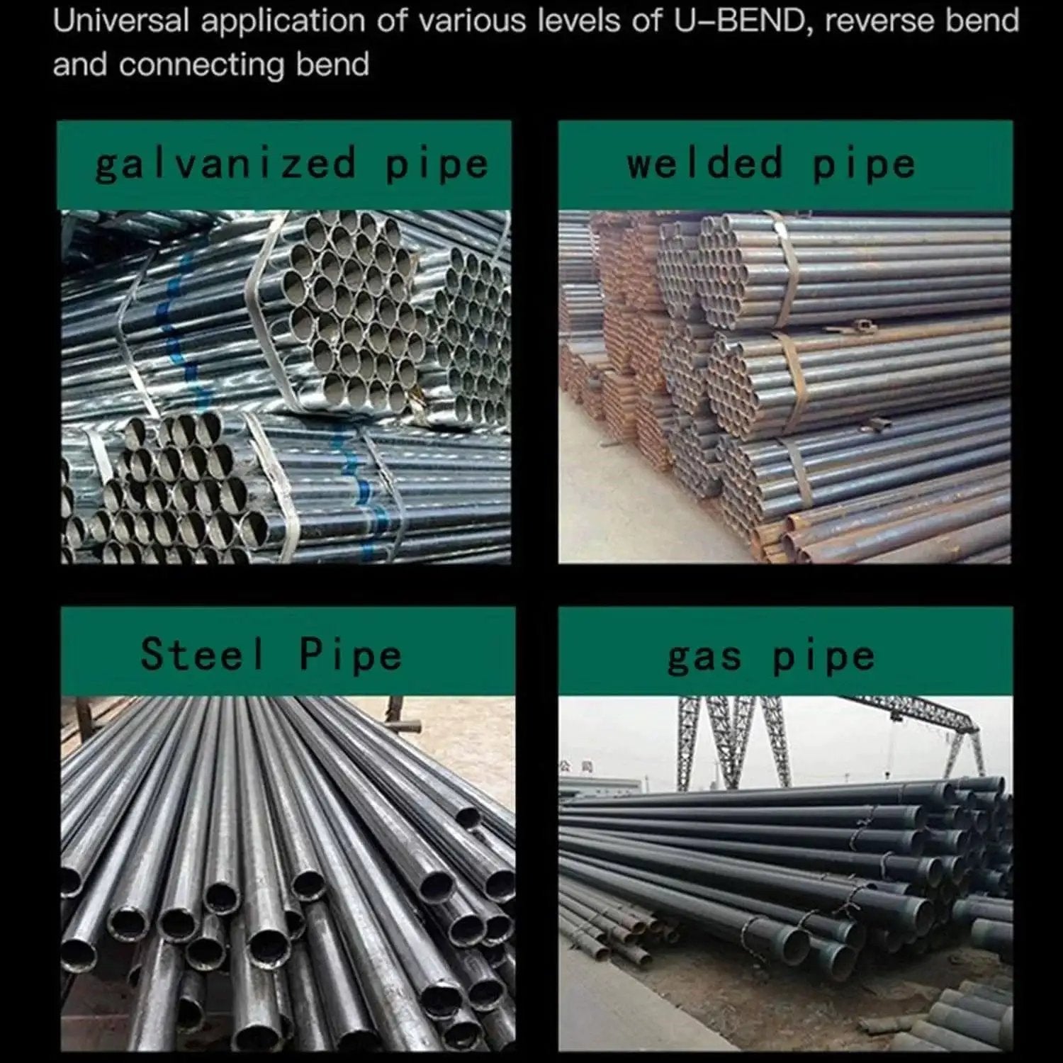 Four types of pipes: galvanized, welded, steel, and gas, used for bending with Hydraulic Tubing Bender Kit For Copper Pipes One Quarter To Seven Eighths Inch With Seven Dies Ideal For Refrigerator And Air Conditioner Repair Easy One Hand Operation.