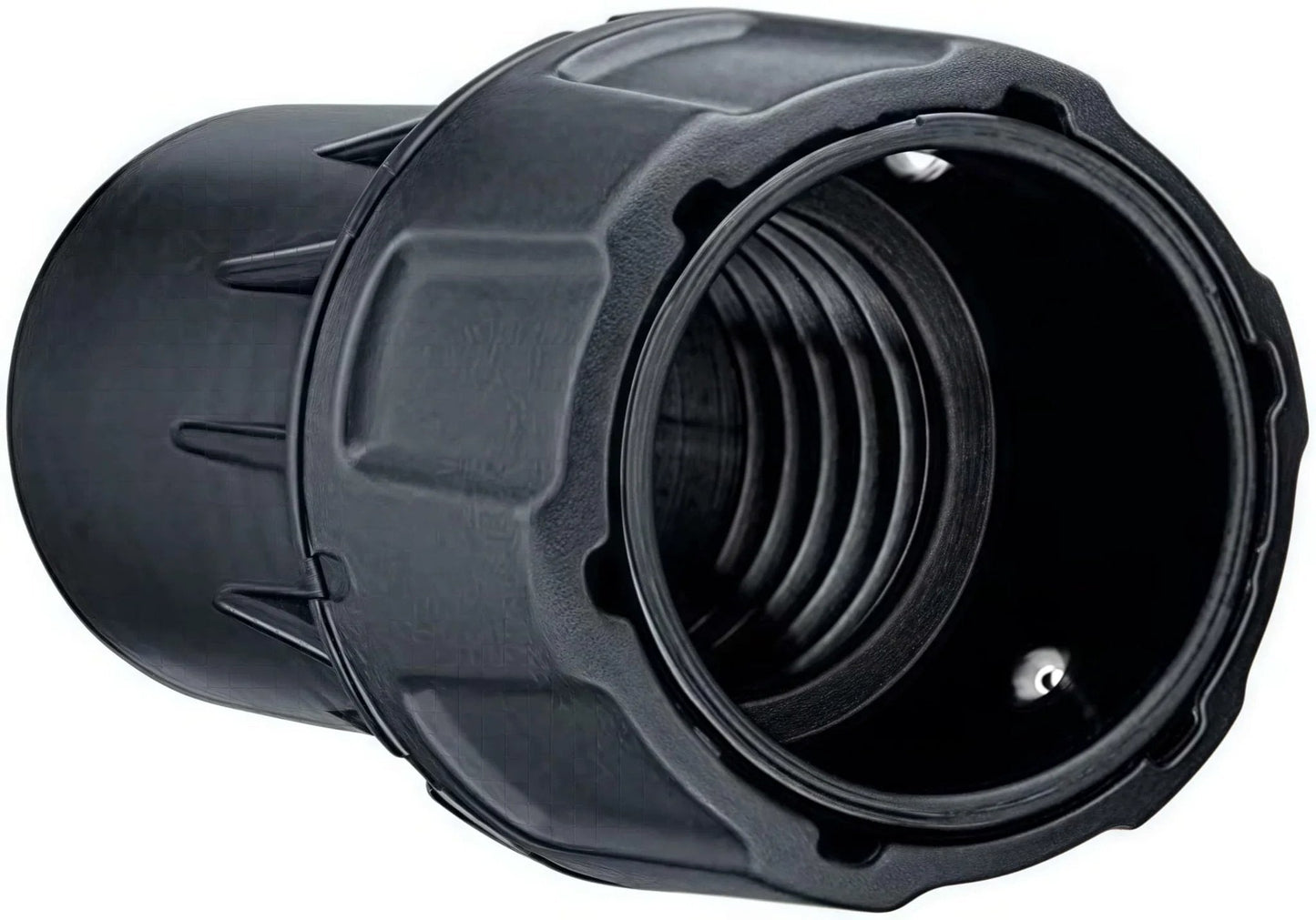 Universal Quick Connector For Dust Collectors And Vacuum Hoses One And One Quarter Inch, black plastic connector, front view.