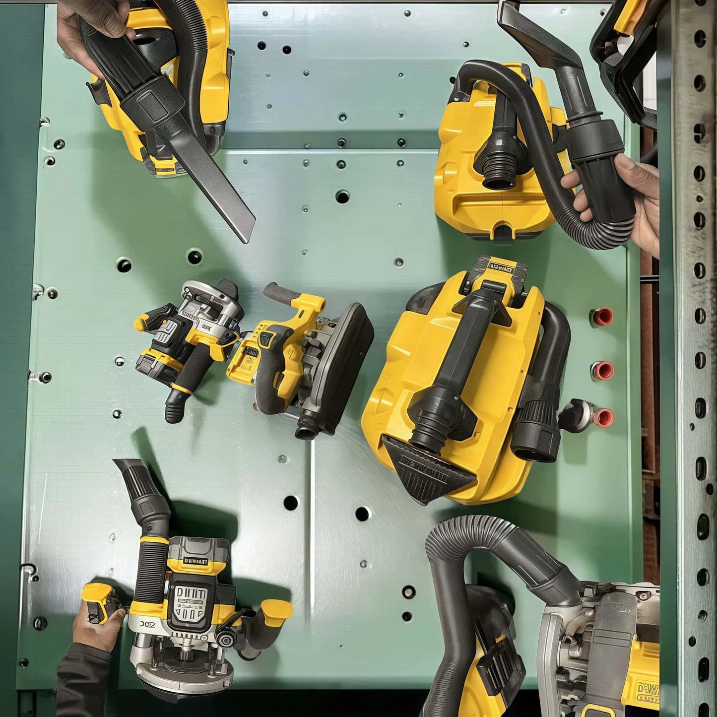 Universal Quick Connector For Dust Collectors And Vacuum Hoses One And One Quarter Inch Quick Attach Multi Function DWV9000 fits various DeWalt tools.